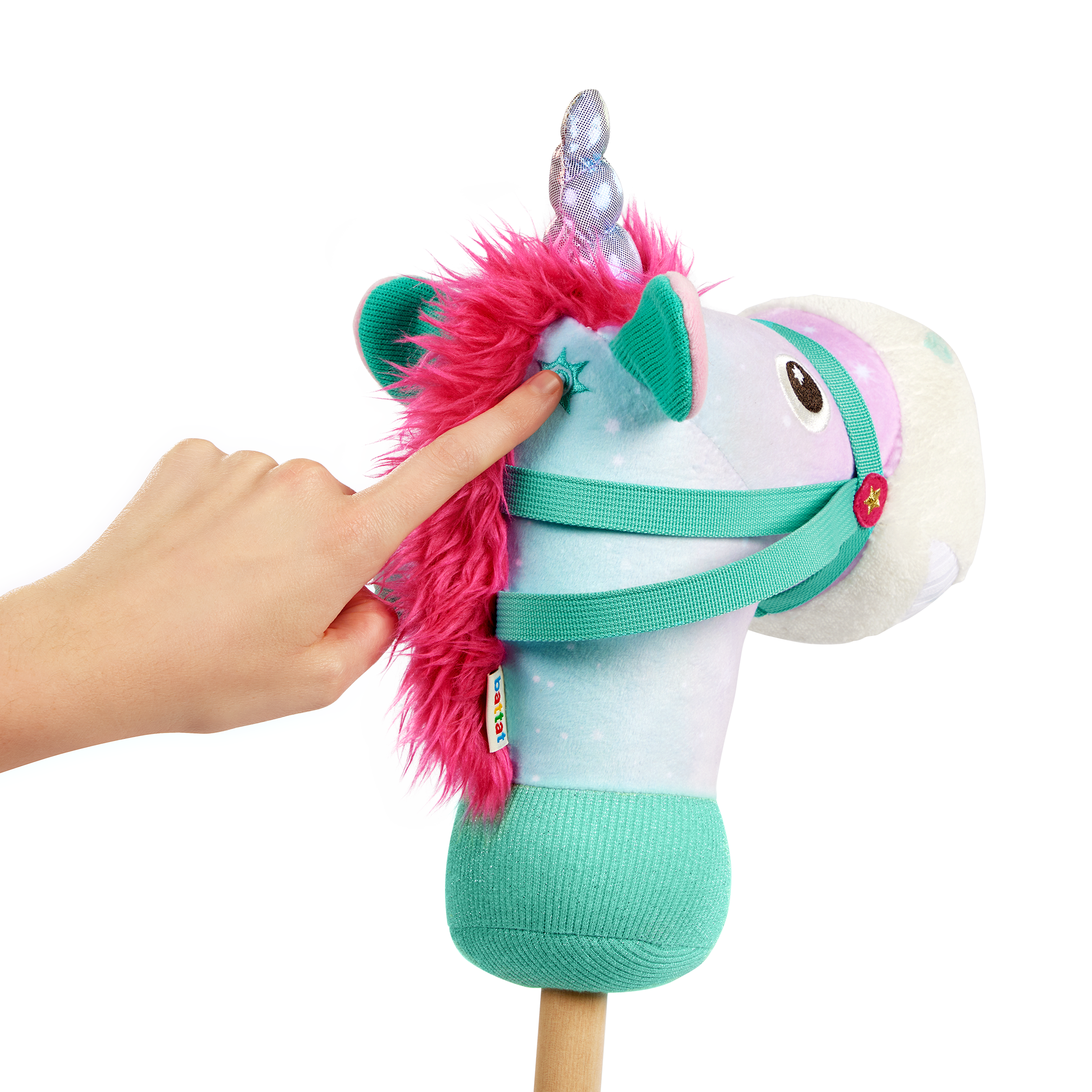 green and pink unicorn hobby horse with wooden riding pole