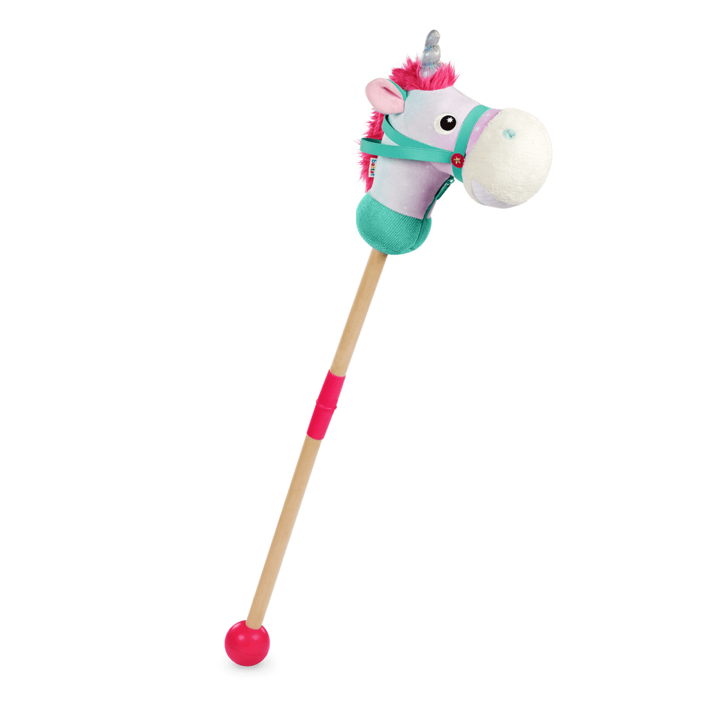 green and pink unicorn hobby horse with wooden riding pole