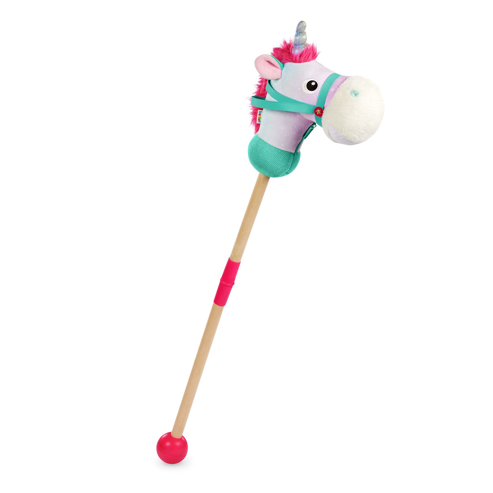 green and pink unicorn hobby horse with wooden riding pole
