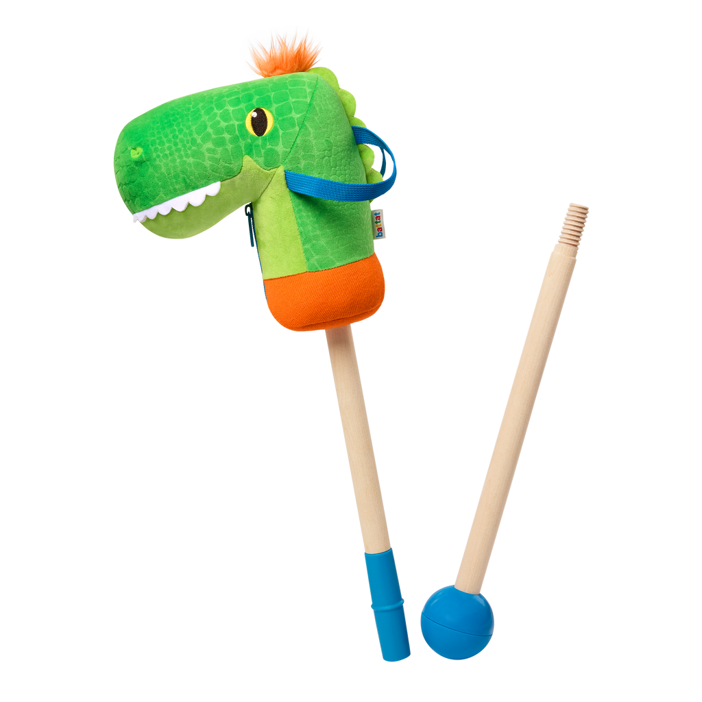 green dino hobby horse with wooden riding pole