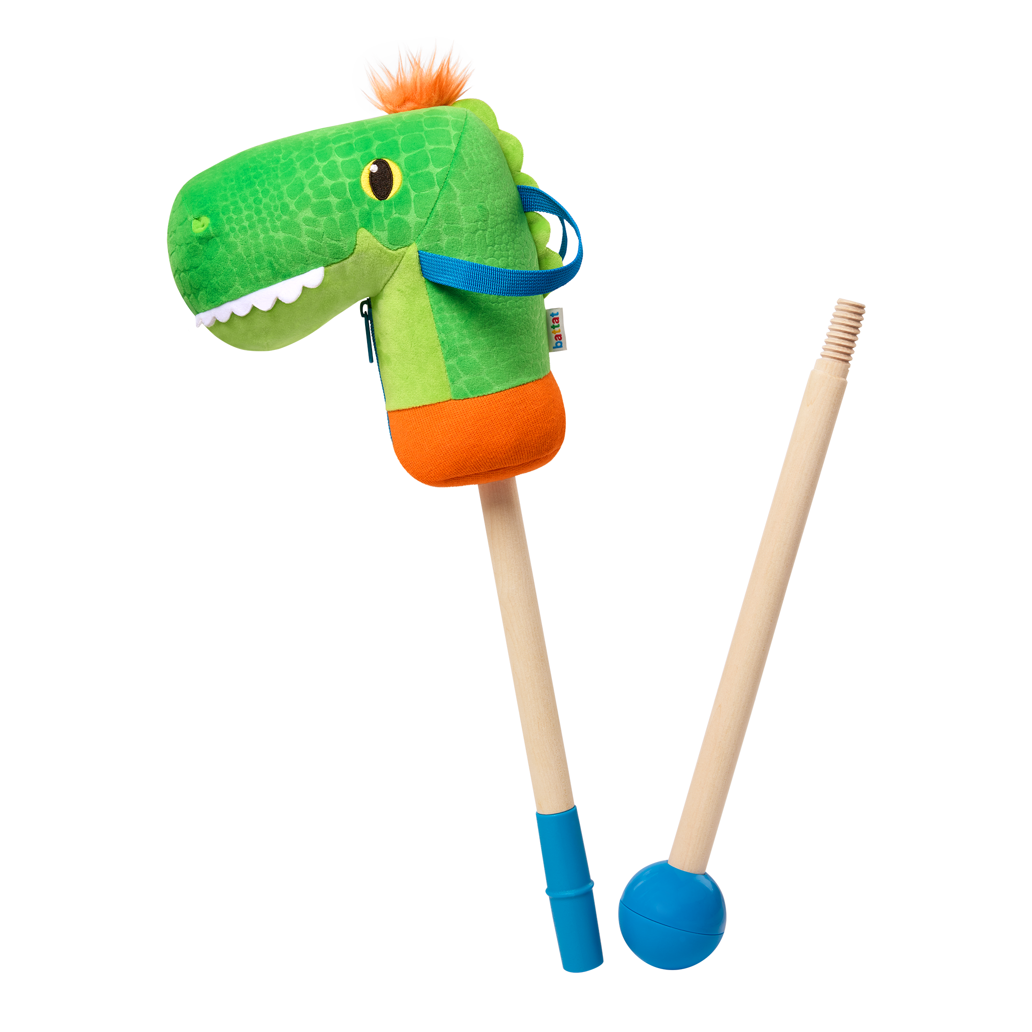 green dino hobby horse with wooden riding pole
