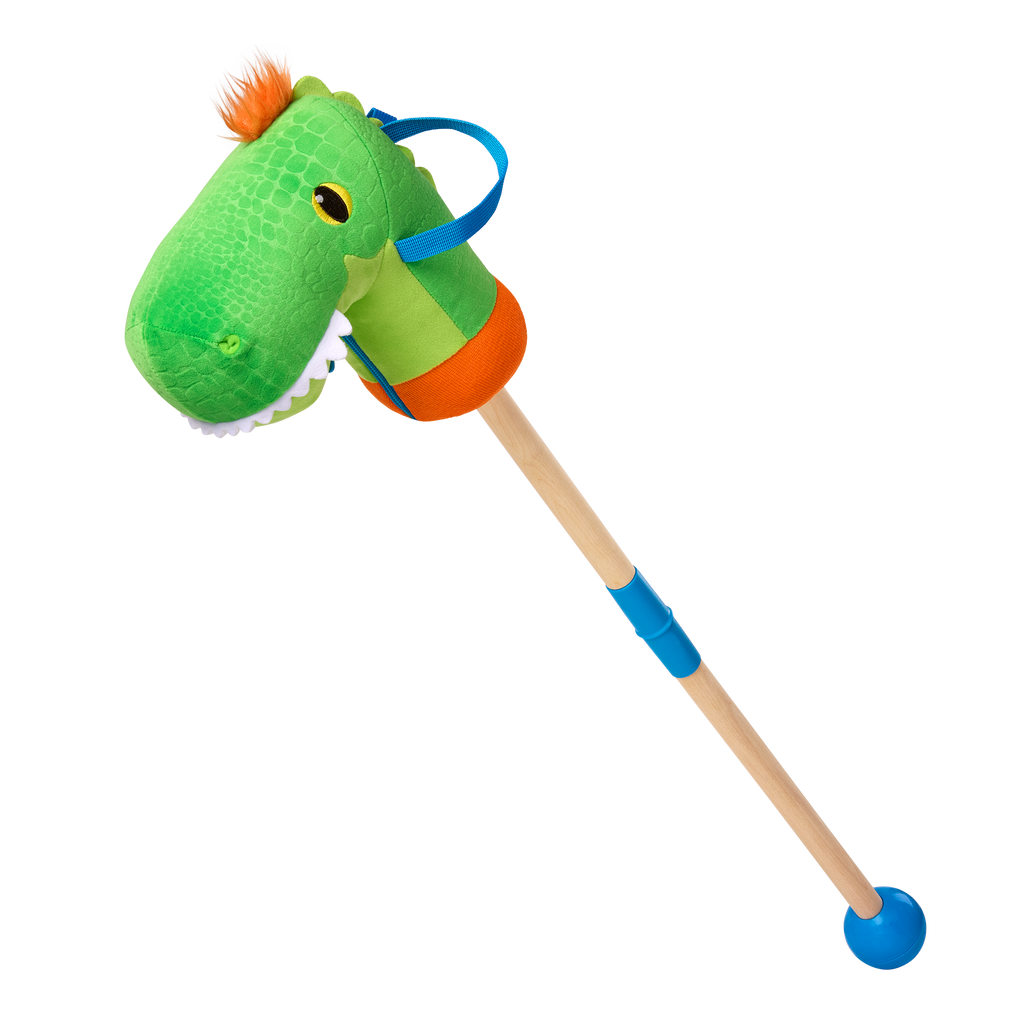 green dino hobby horse with wooden riding pole