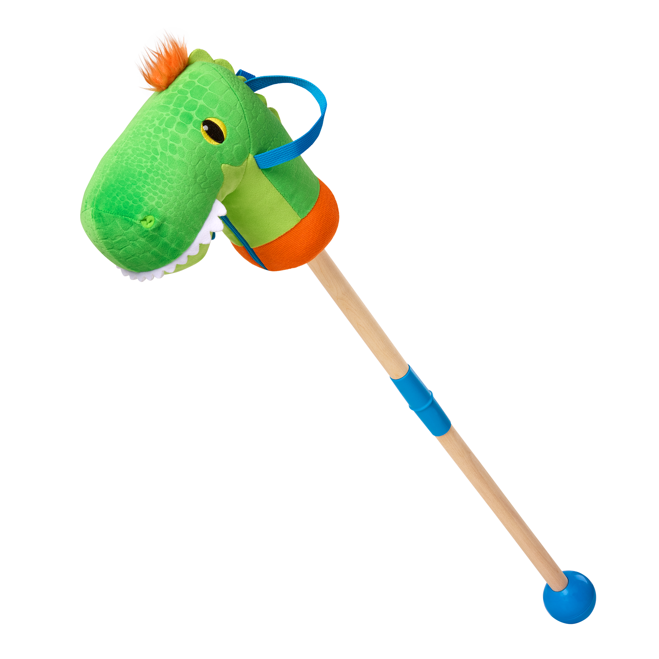 green dino hobby horse with wooden riding pole