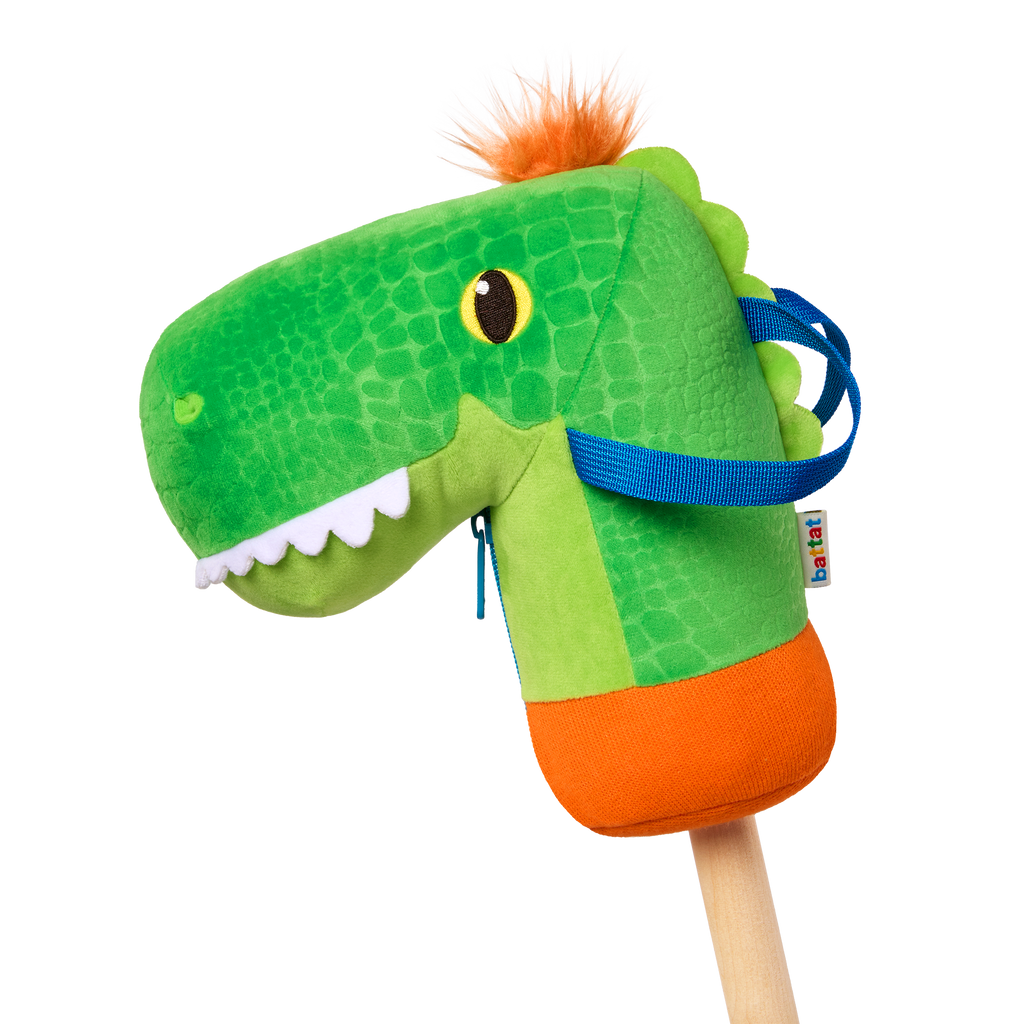 green dino hobby horse with wooden riding pole