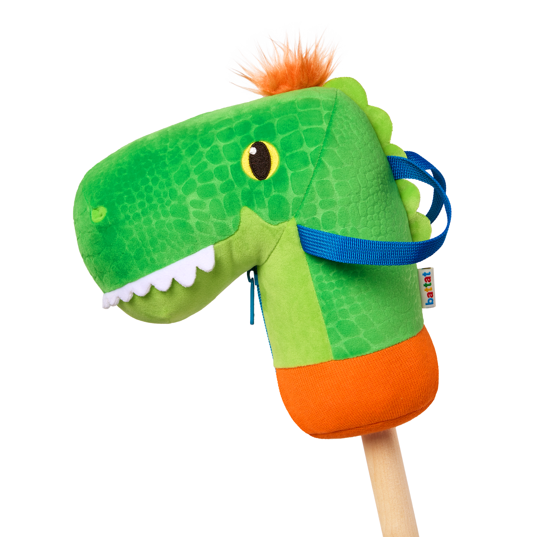 green dino hobby horse with wooden riding pole