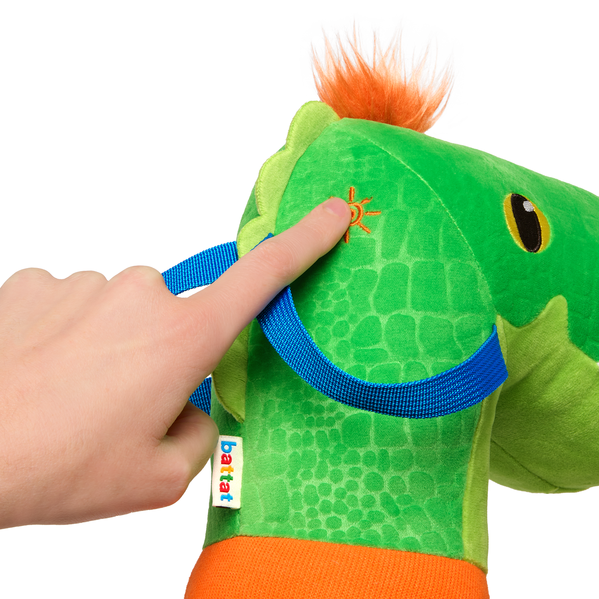 green dino hobby horse with wooden riding pole