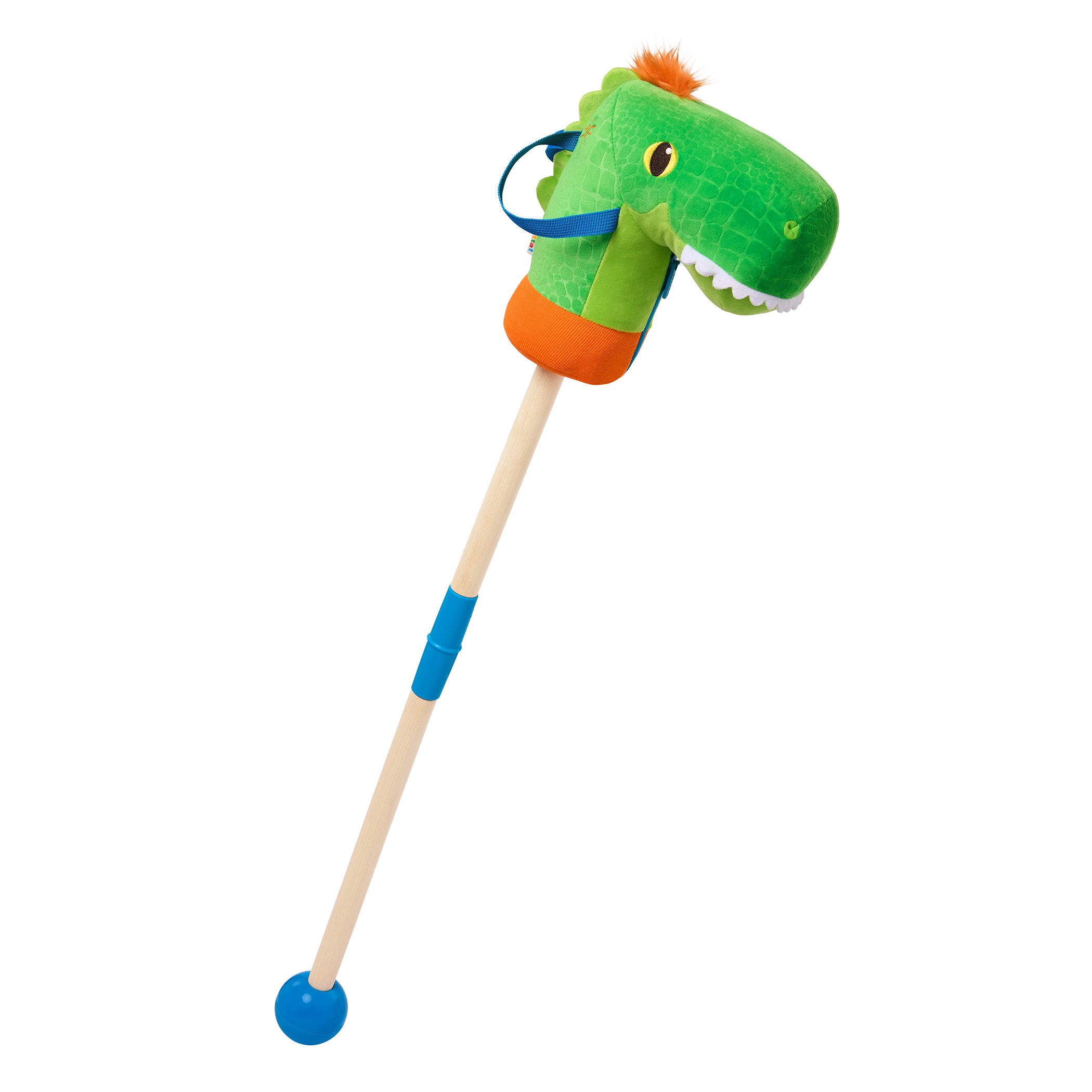 green dino hobby horse with wooden riding pole