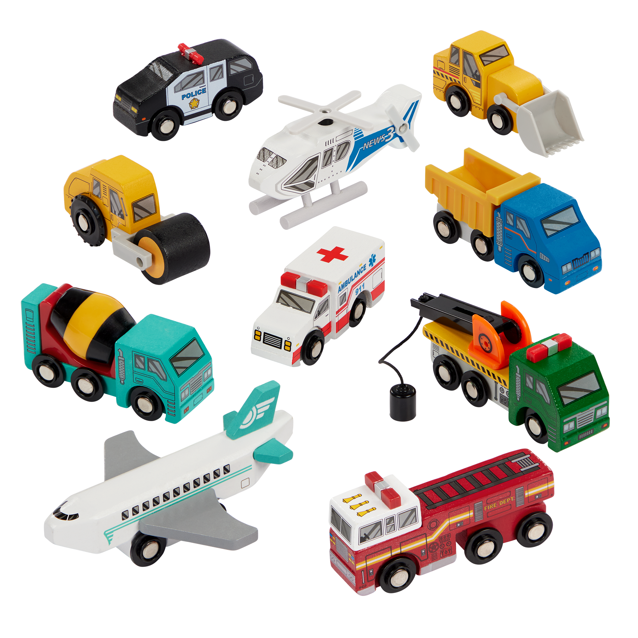 10 wooden vehicles including emergency construction travel