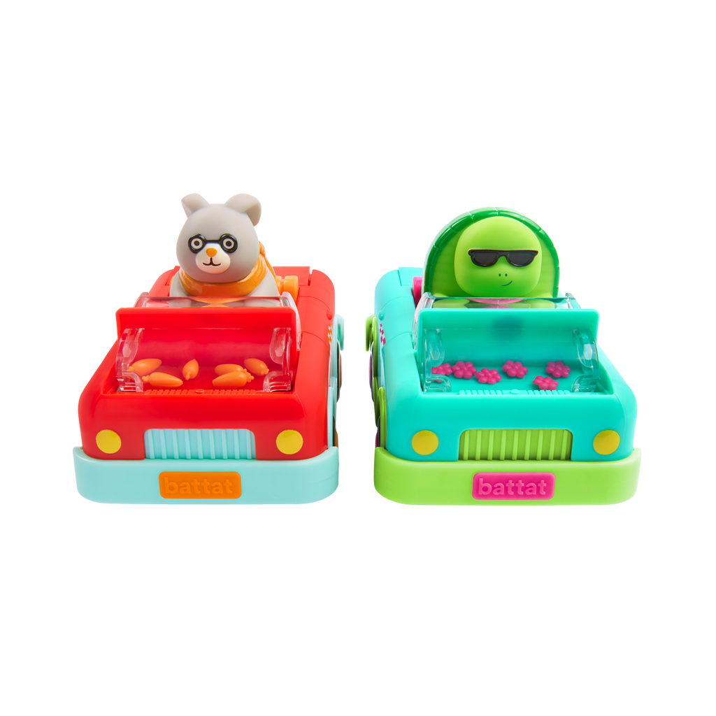 Red and turquoise critter cruisers with figures inside