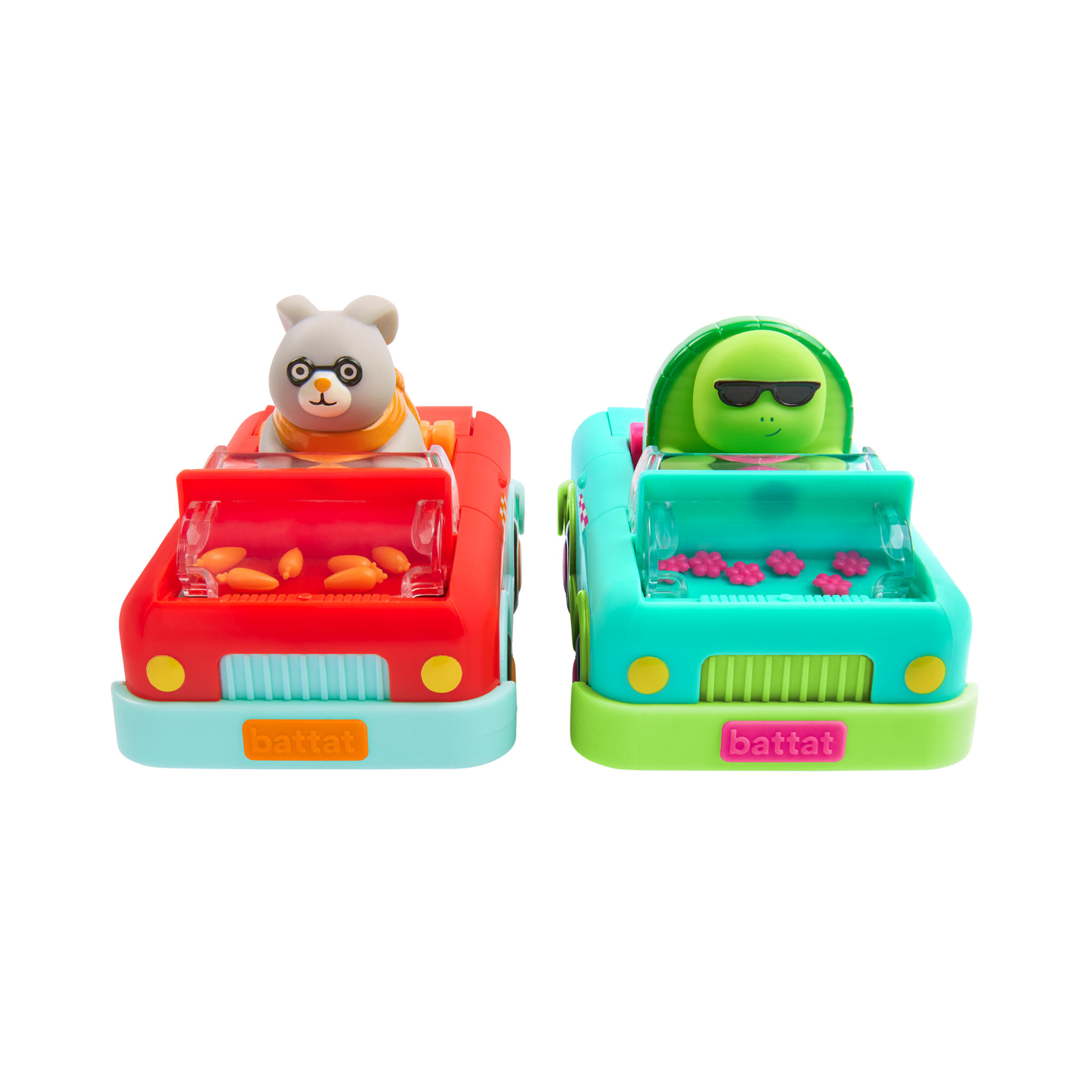 Red and turquoise critter cruisers with figures inside