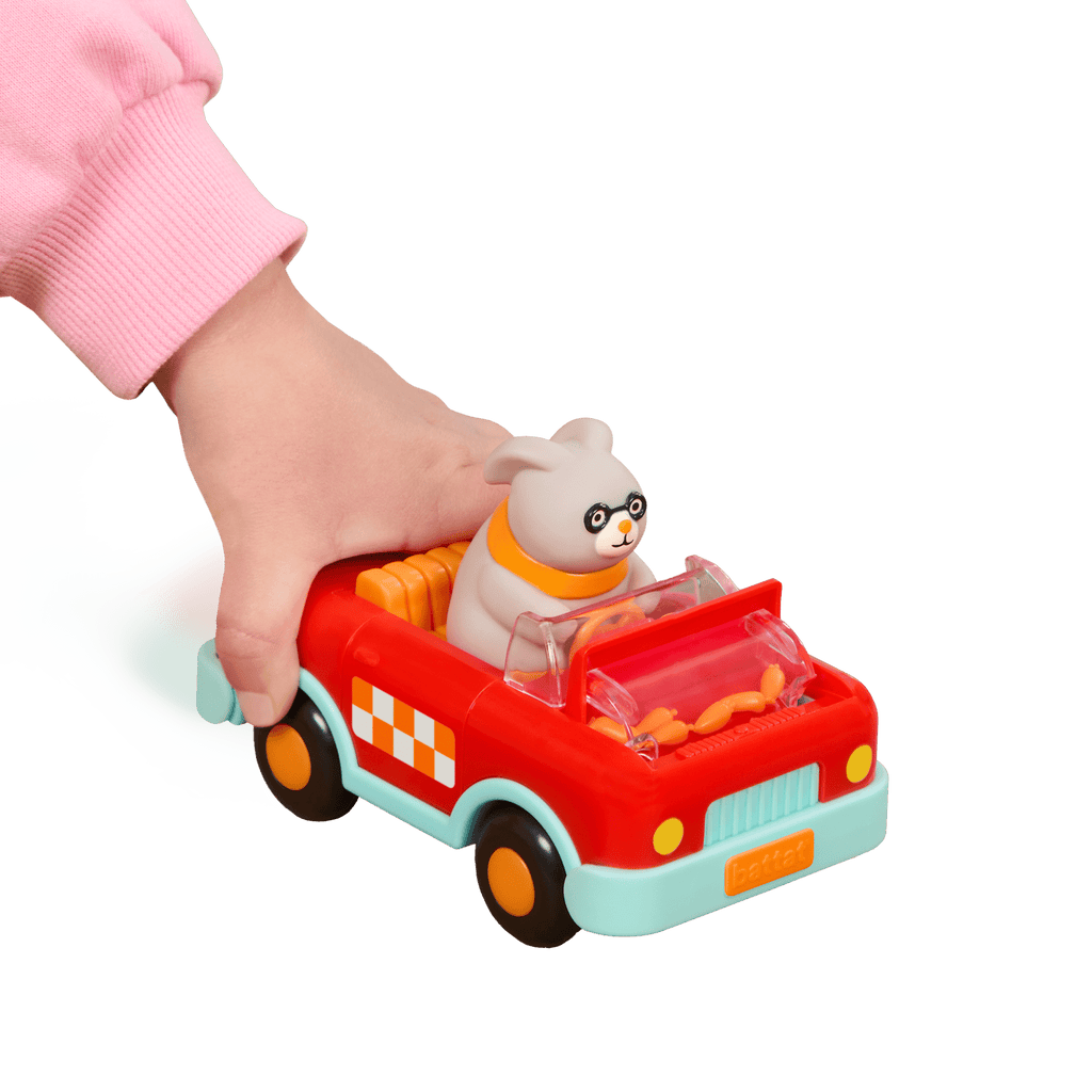 Red and turquoise critter cruisers with figures inside