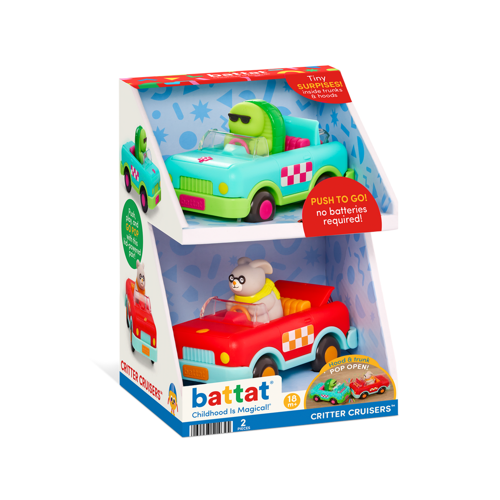 Red and turquoise critter cruisers with figures inside