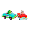 Red and turquoise critter cruisers with figures inside