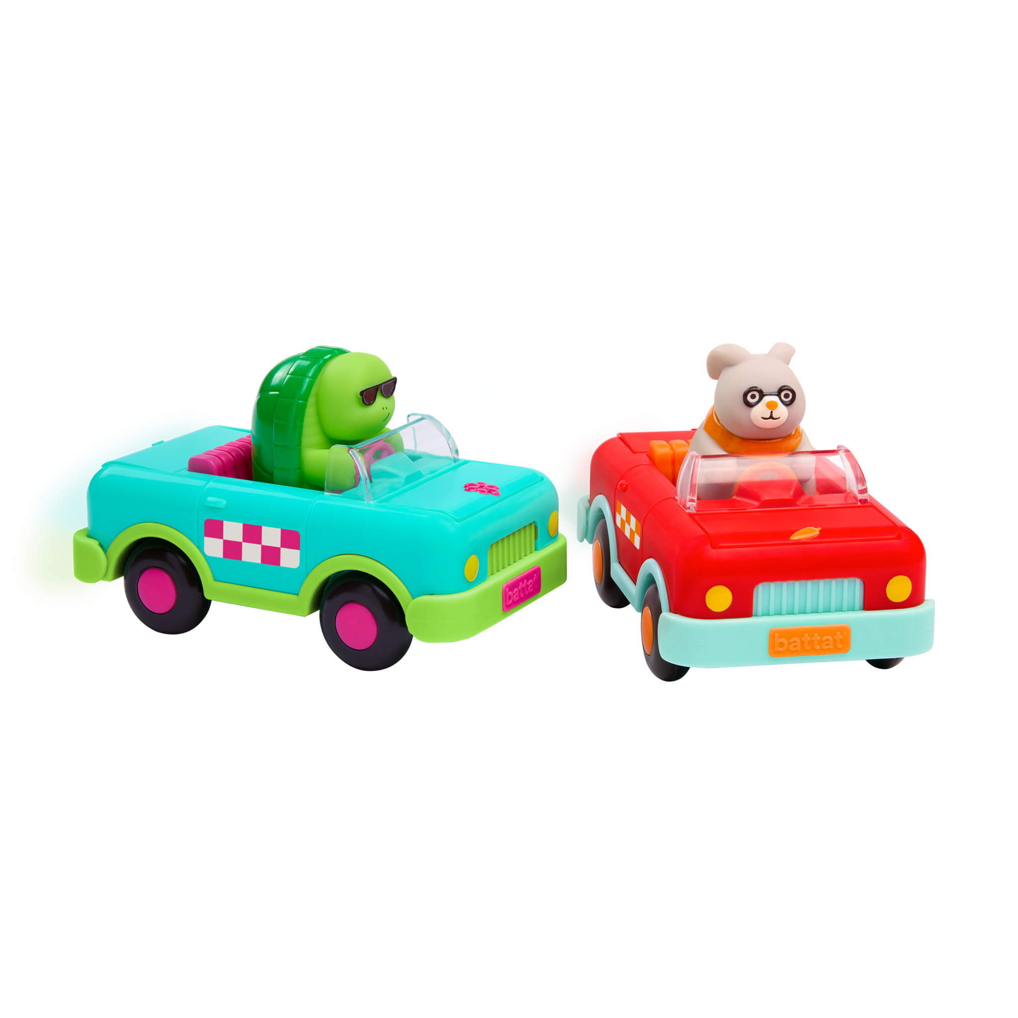 Red and turquoise critter cruisers with figures inside