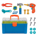 A blue and green toy tool box surrounded by toy tools.
