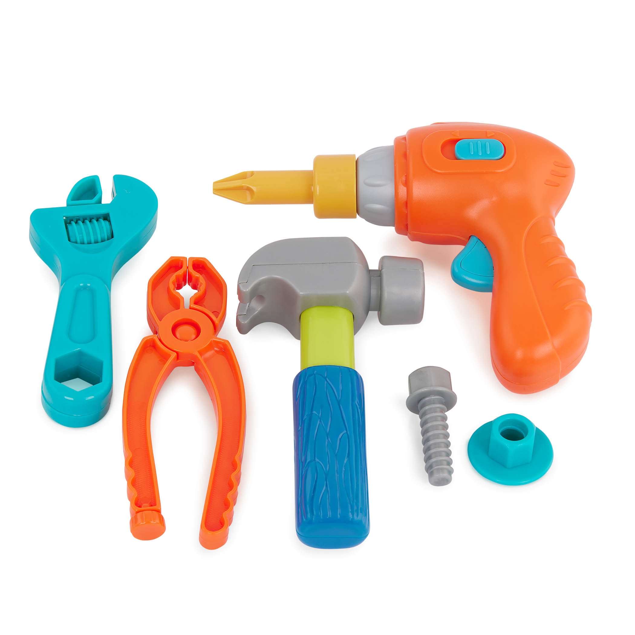 A blue and green toy tool box surrounded by toy tools.