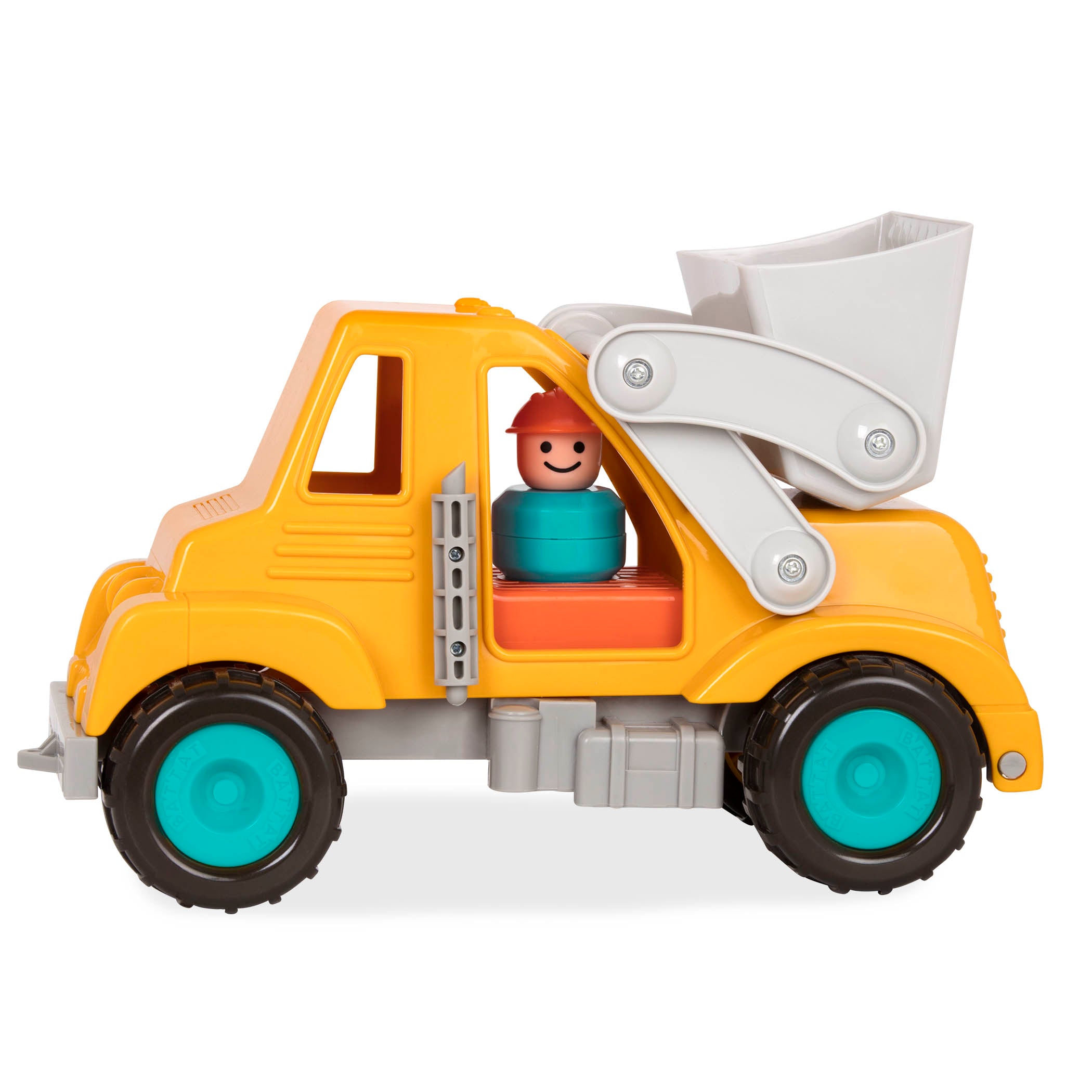 A front end loader toy with the shovel lifted.