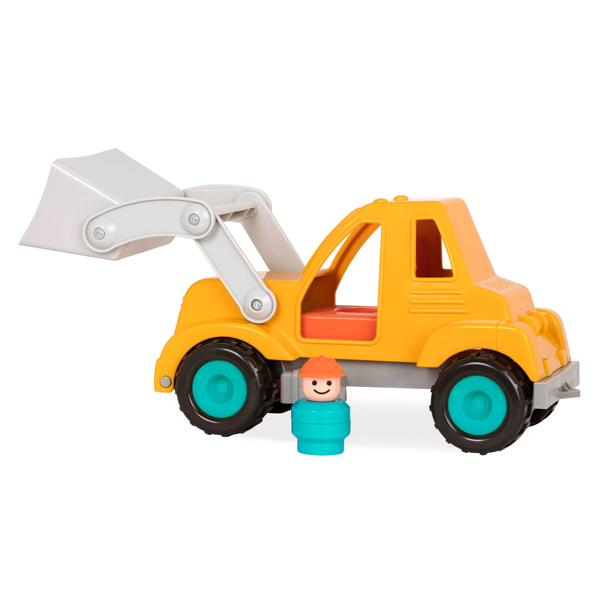 A front end loader toy with the shovel lifted.