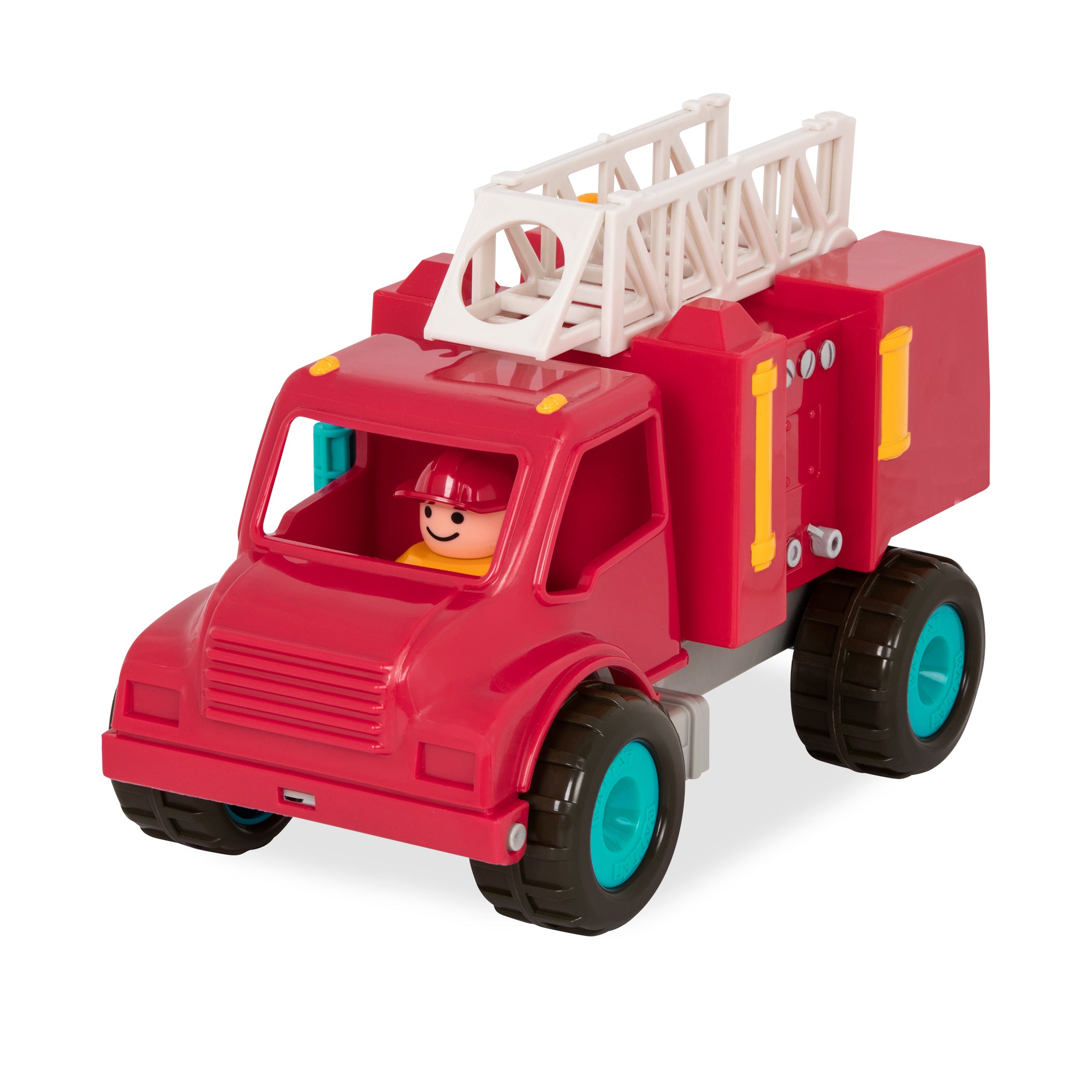 A red toy fire truck.