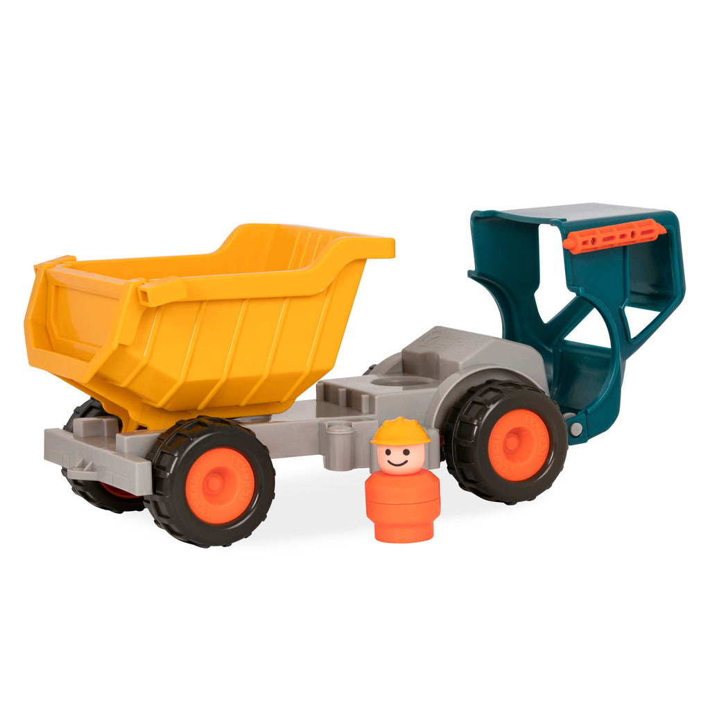 A toy dump truck with a little driver for kids and toddlers.