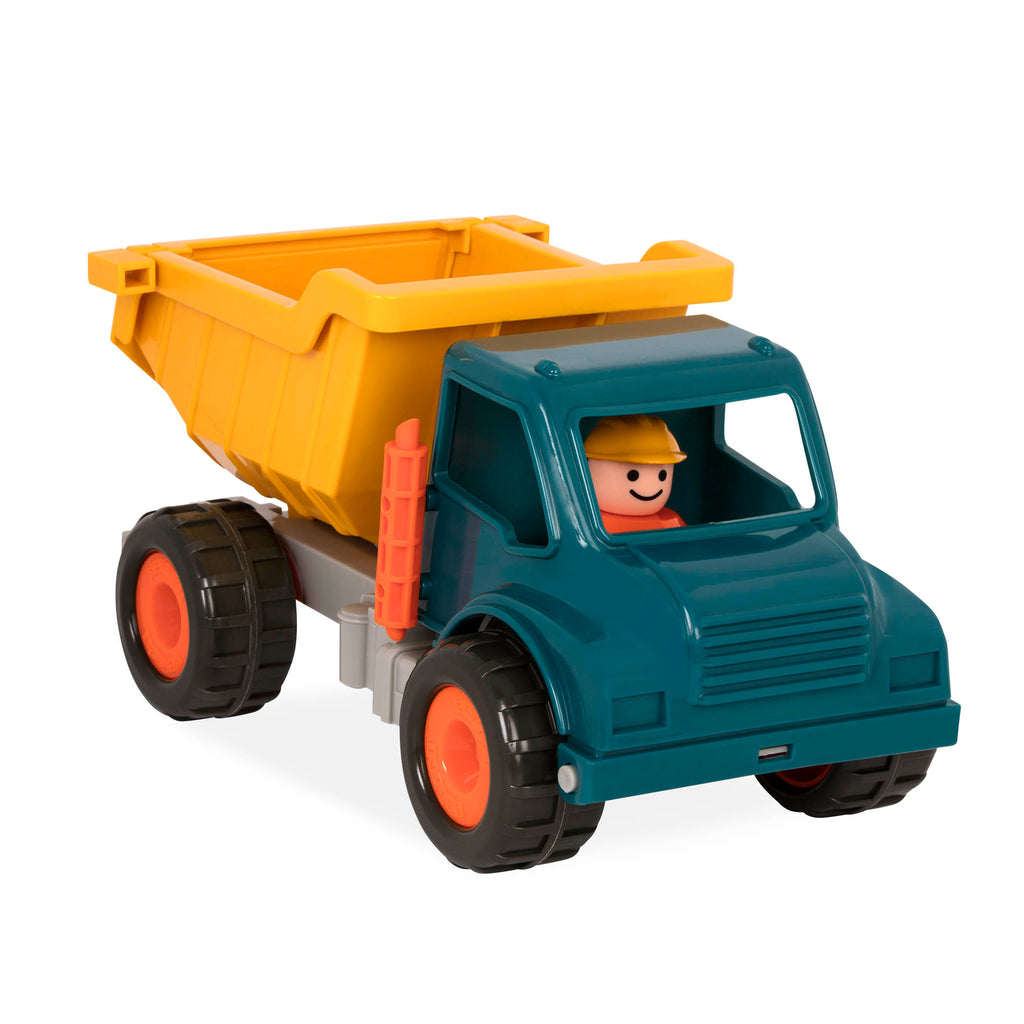A toy dump truck with a little driver for kids and toddlers.