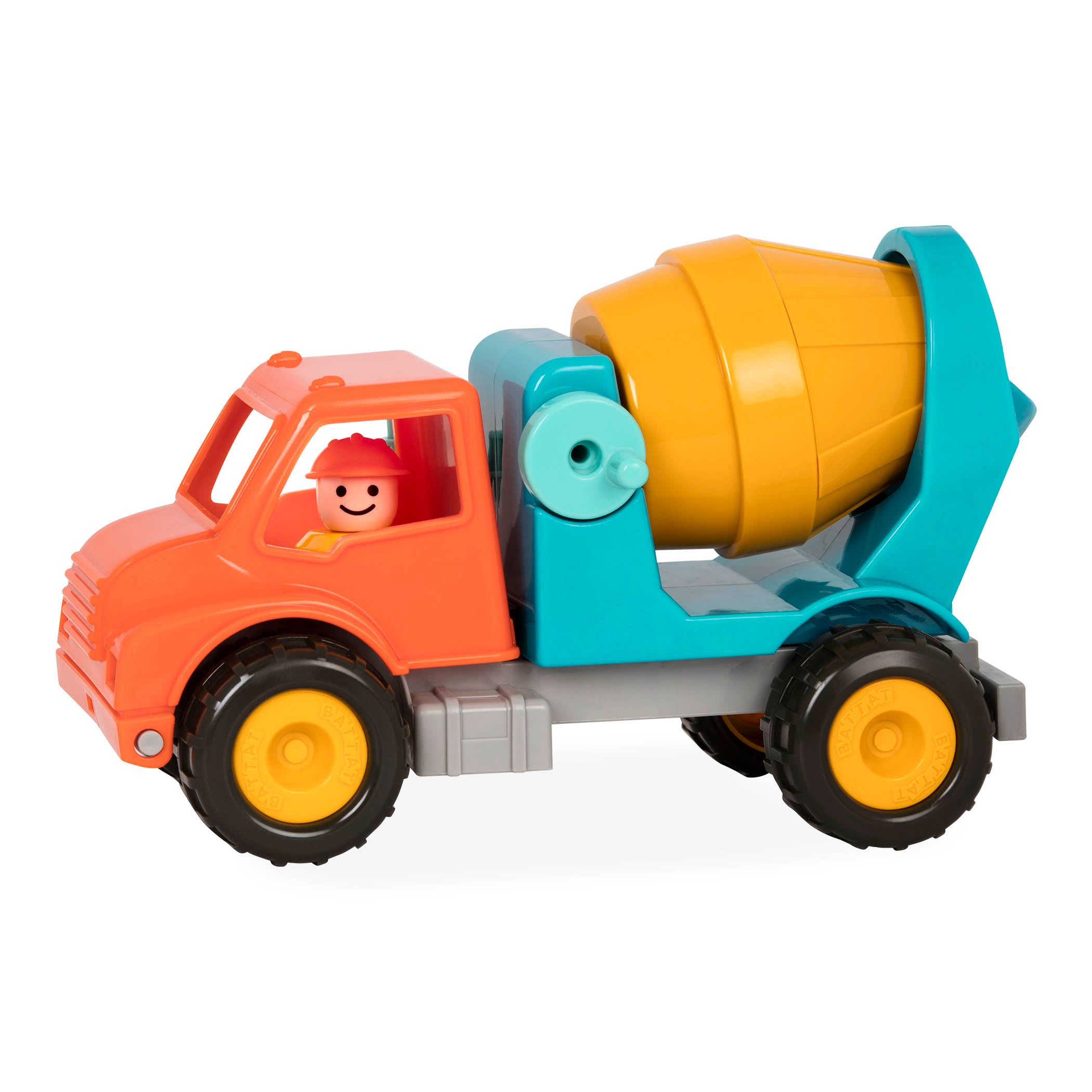 A toy cement mixing truck for kids and toddlers with a little driver figurine.