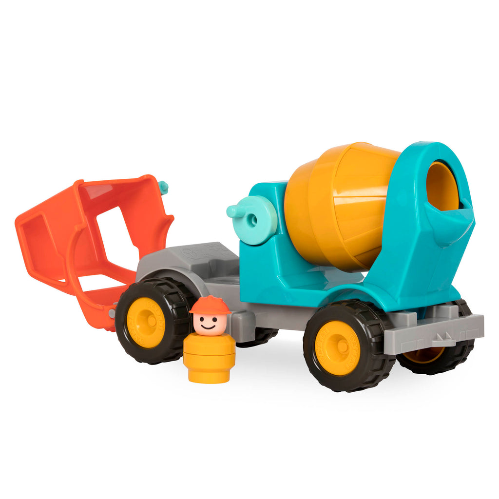 A toy cement mixing truck for kids and toddlers with a little driver figurine.