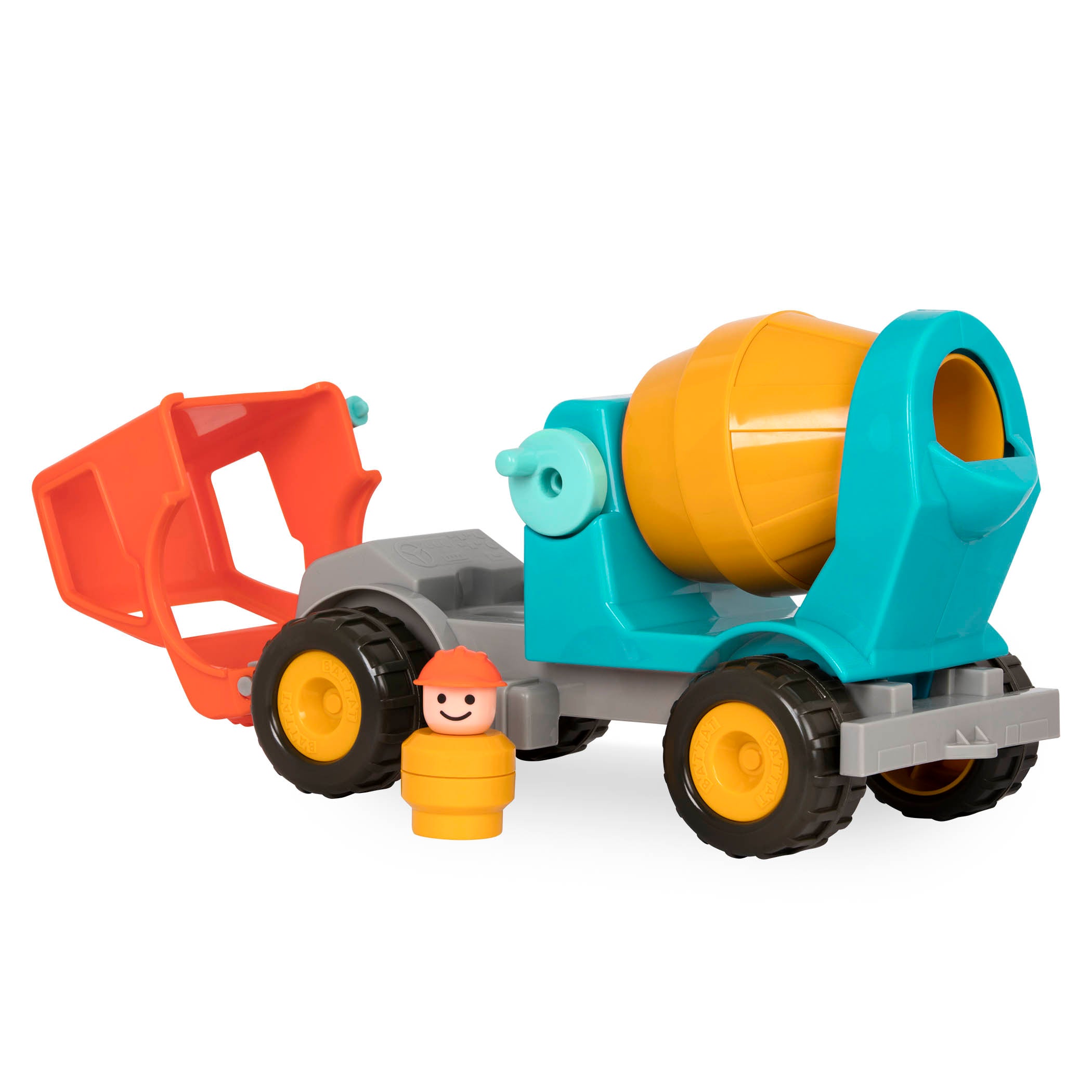 A toy cement mixing truck for kids and toddlers with a little driver figurine.
