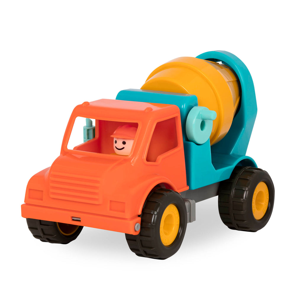 A toy cement mixing truck for kids and toddlers with a little driver figurine.