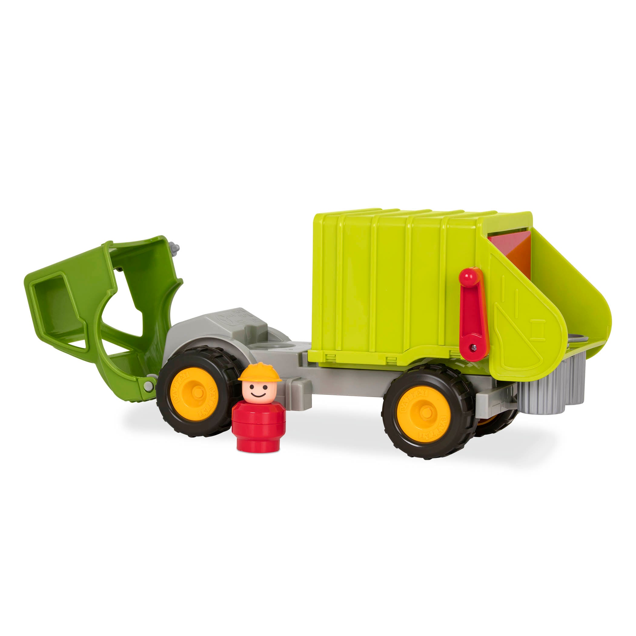A green toy garbage truck for kids with a little driver figurine in the front seat.