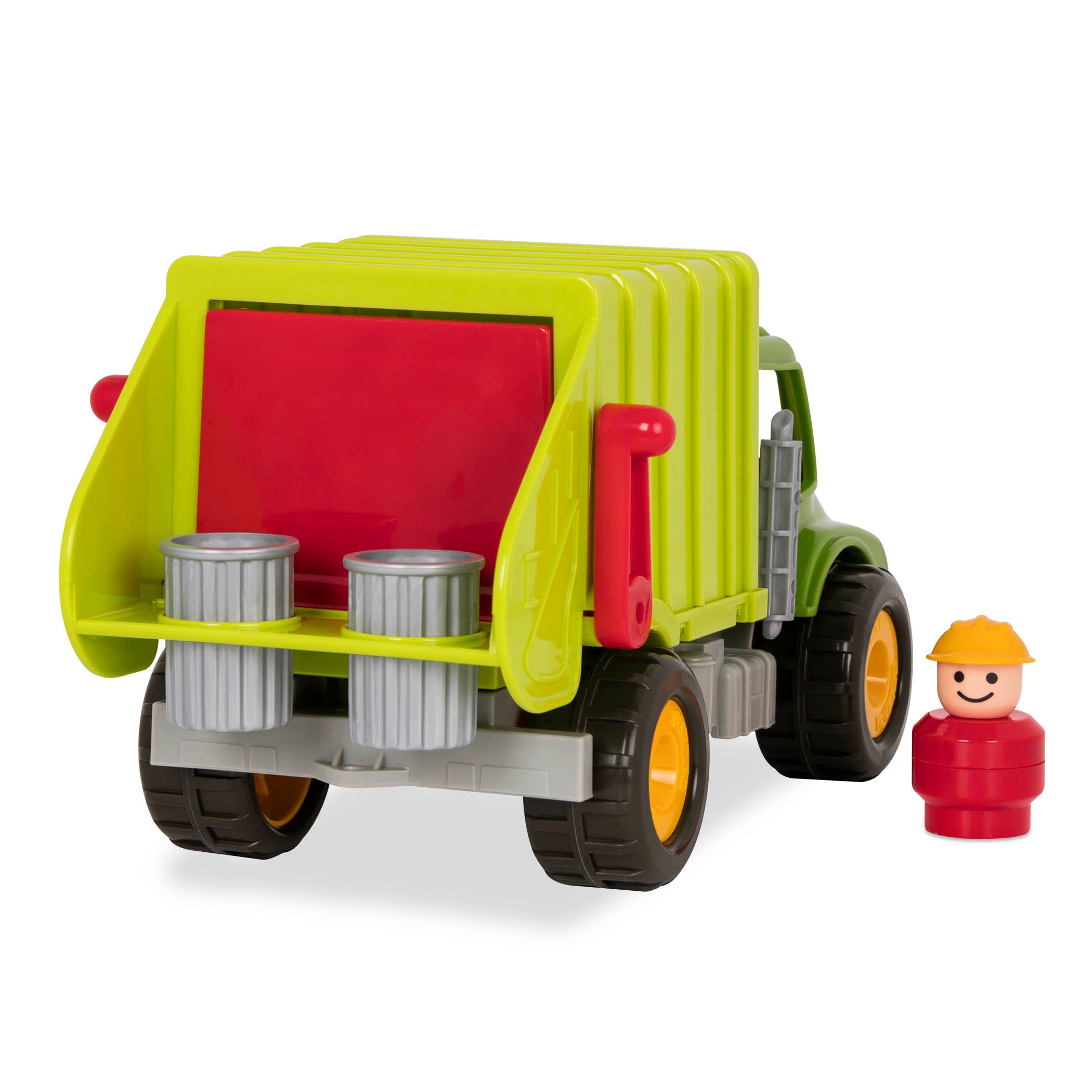 A green toy garbage truck for kids with a little driver figurine in the front seat.