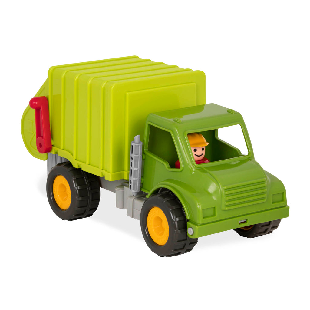 A green toy garbage truck for kids with a little driver figurine in the front seat.