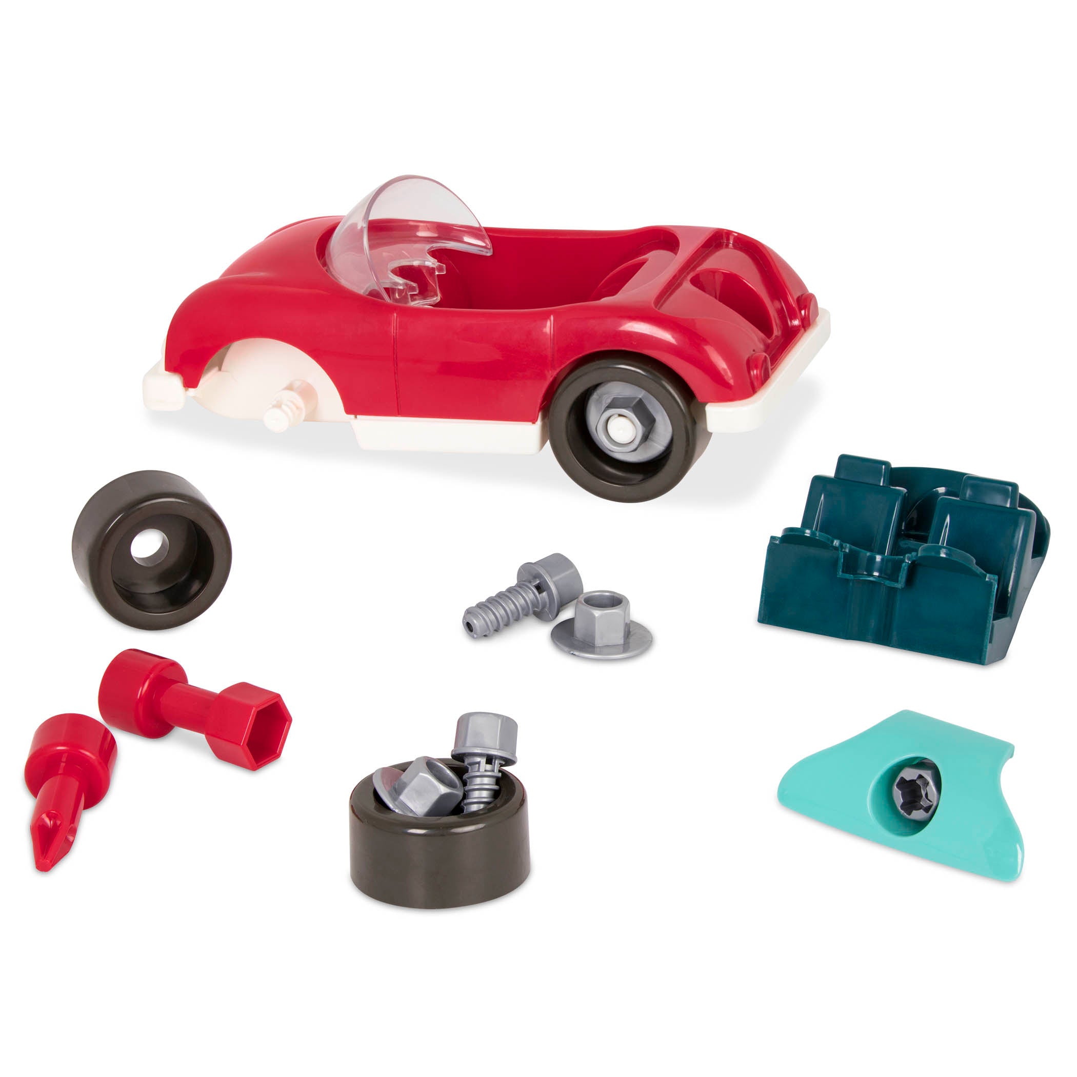 A toy roadster with a toy drill and 3 drill bits.
