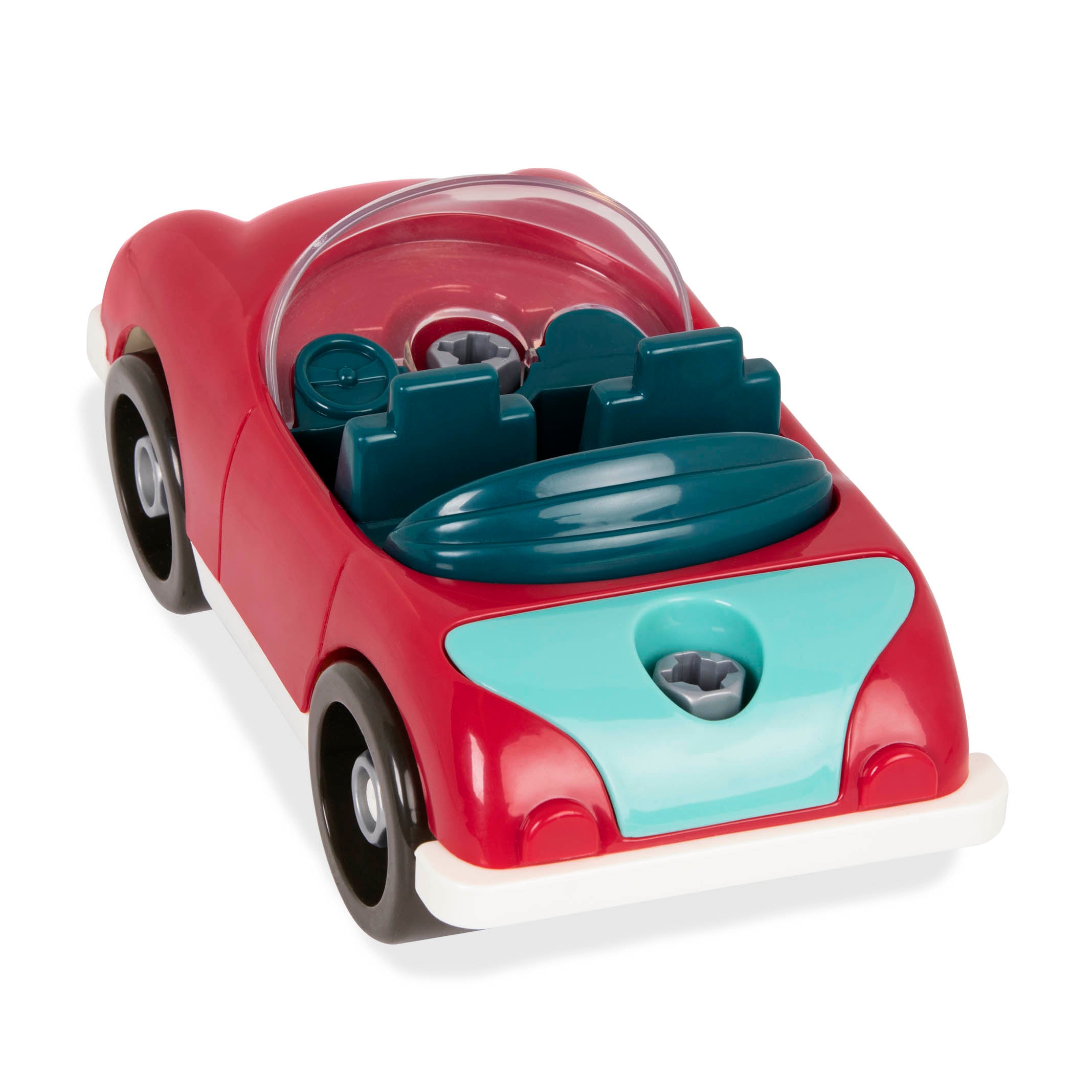A toy roadster with a toy drill and 3 drill bits.