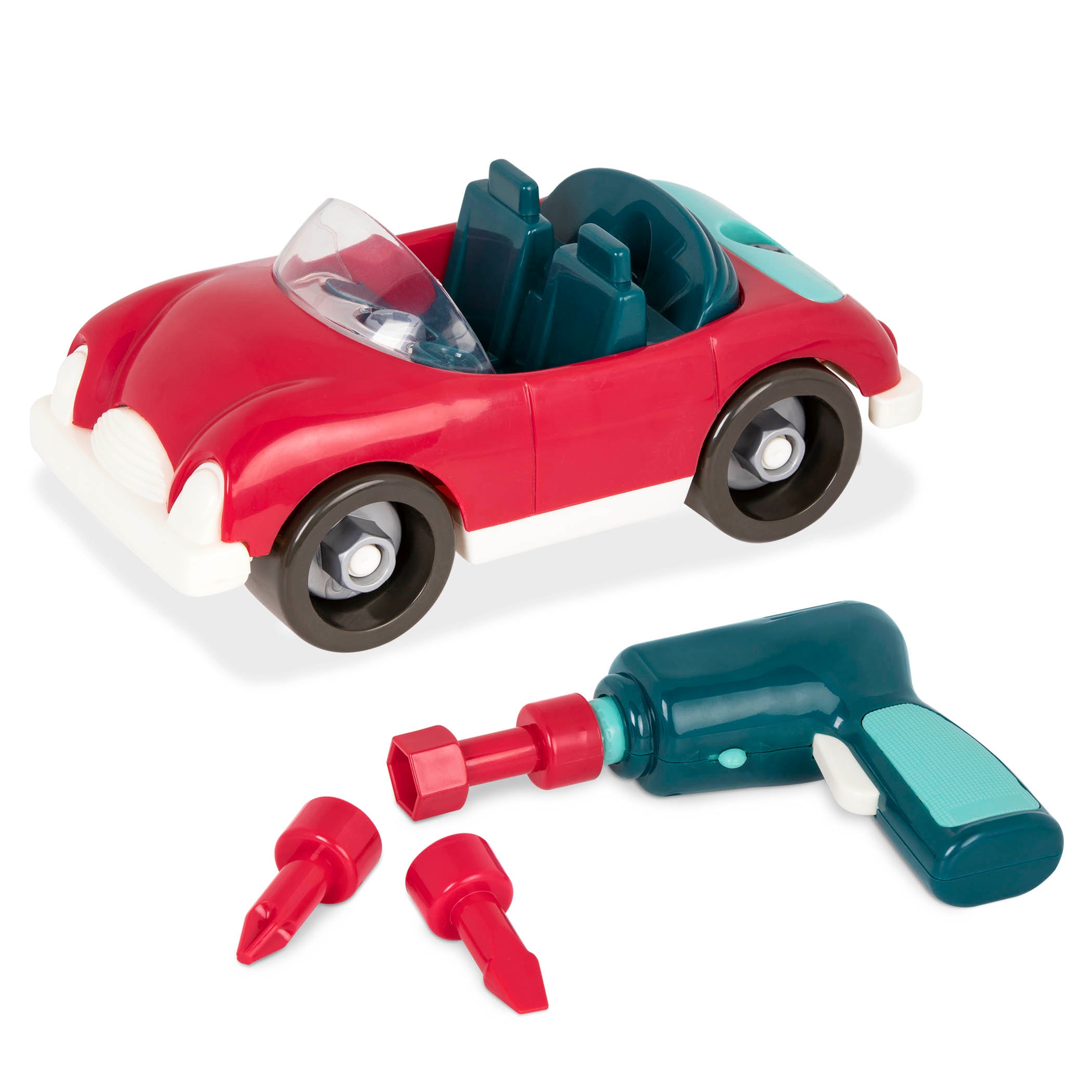 A toy roadster with a toy drill and 3 drill bits.