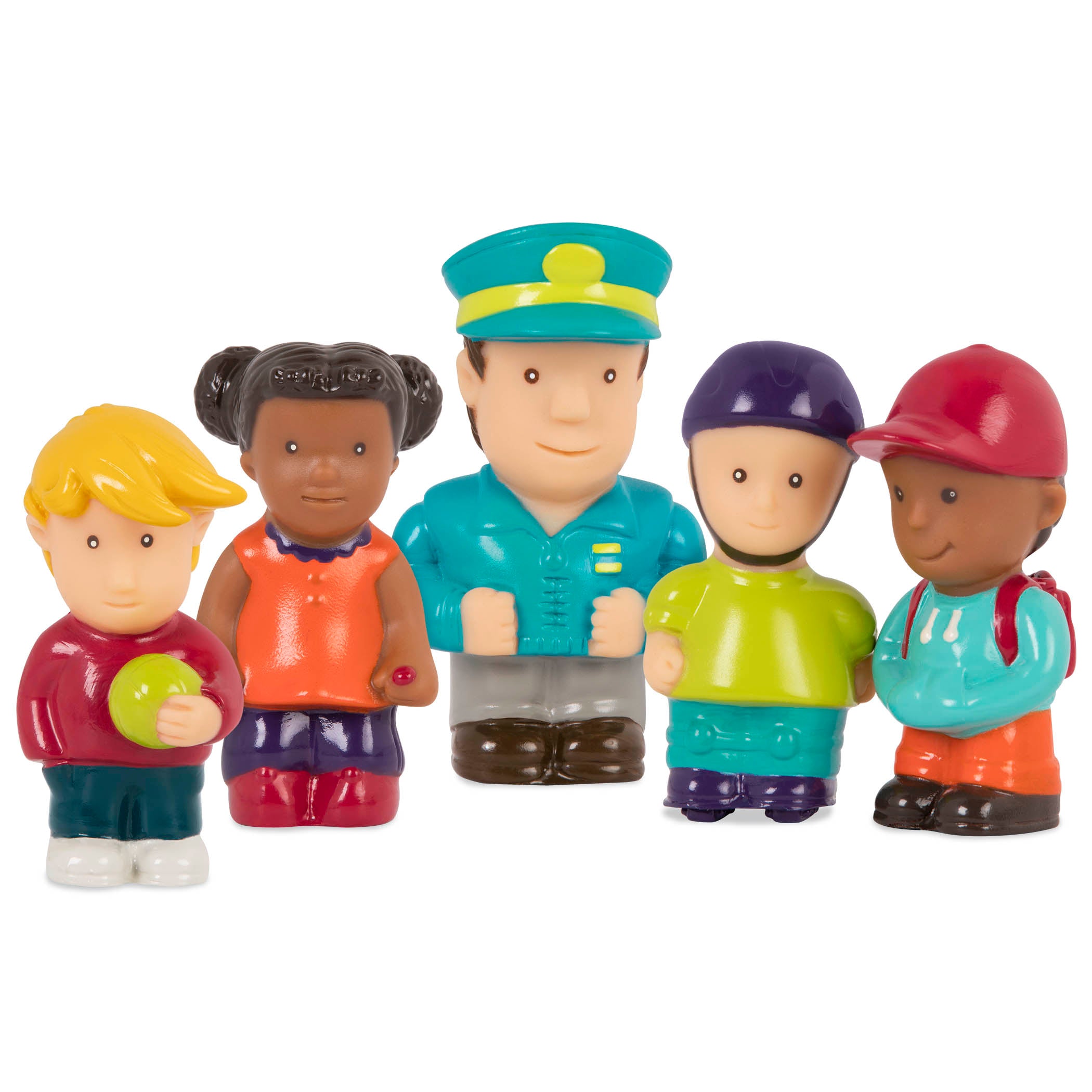 A yellow school bus toy for kids with the door folded down so 2 figurines can get on the bus.