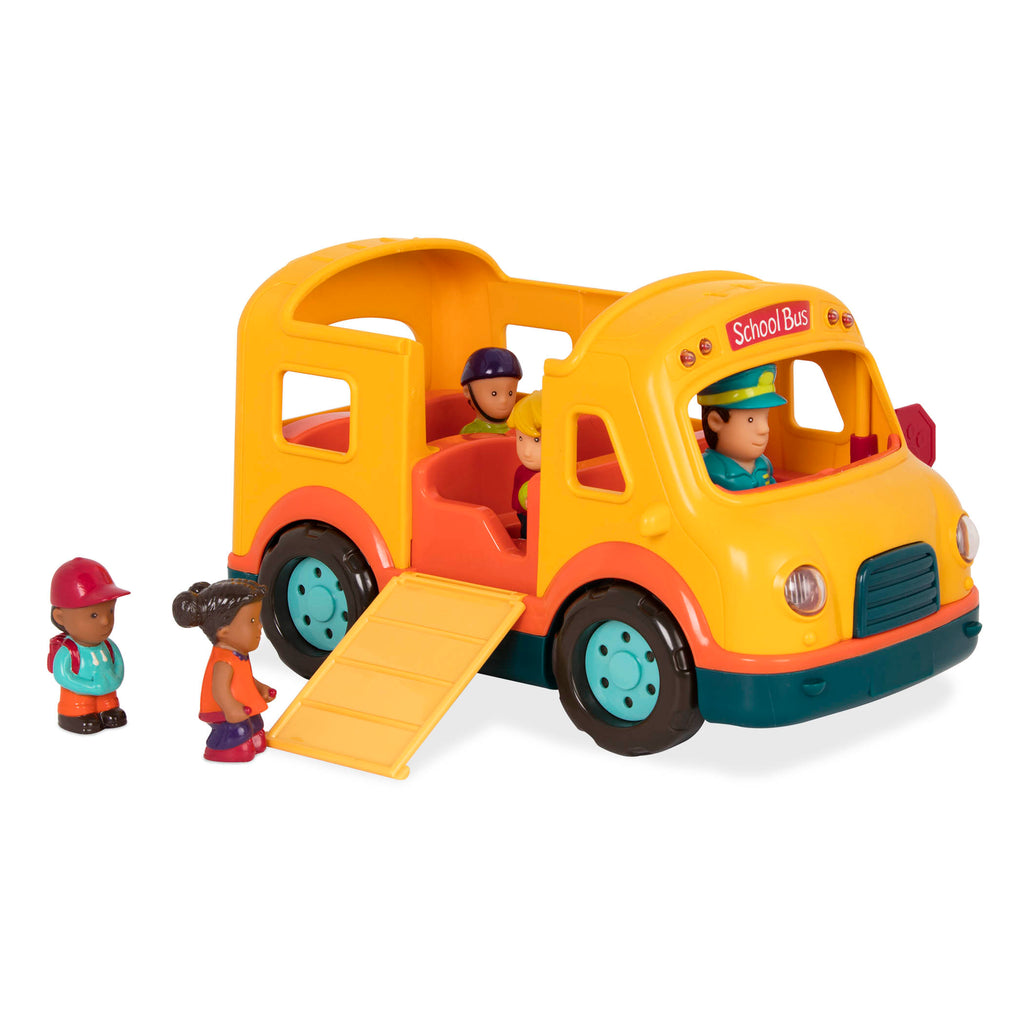 A yellow school bus toy for kids with the door folded down so 2 figurines can get on the bus.