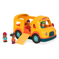 A yellow school bus toy for kids with the door folded down so 2 figurines can get on the bus.