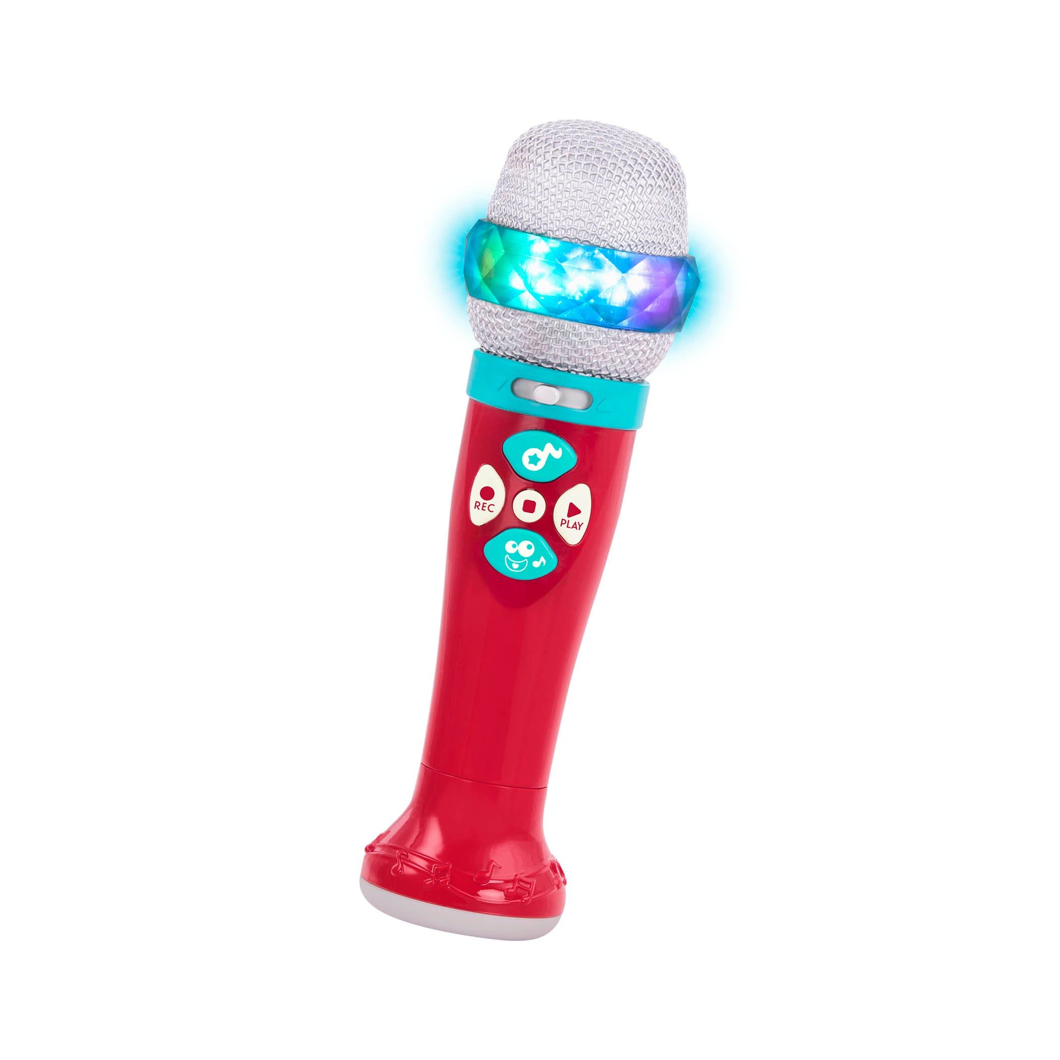 A red microphone toy for toddlers and kids.IA child playing with a toy microphone.