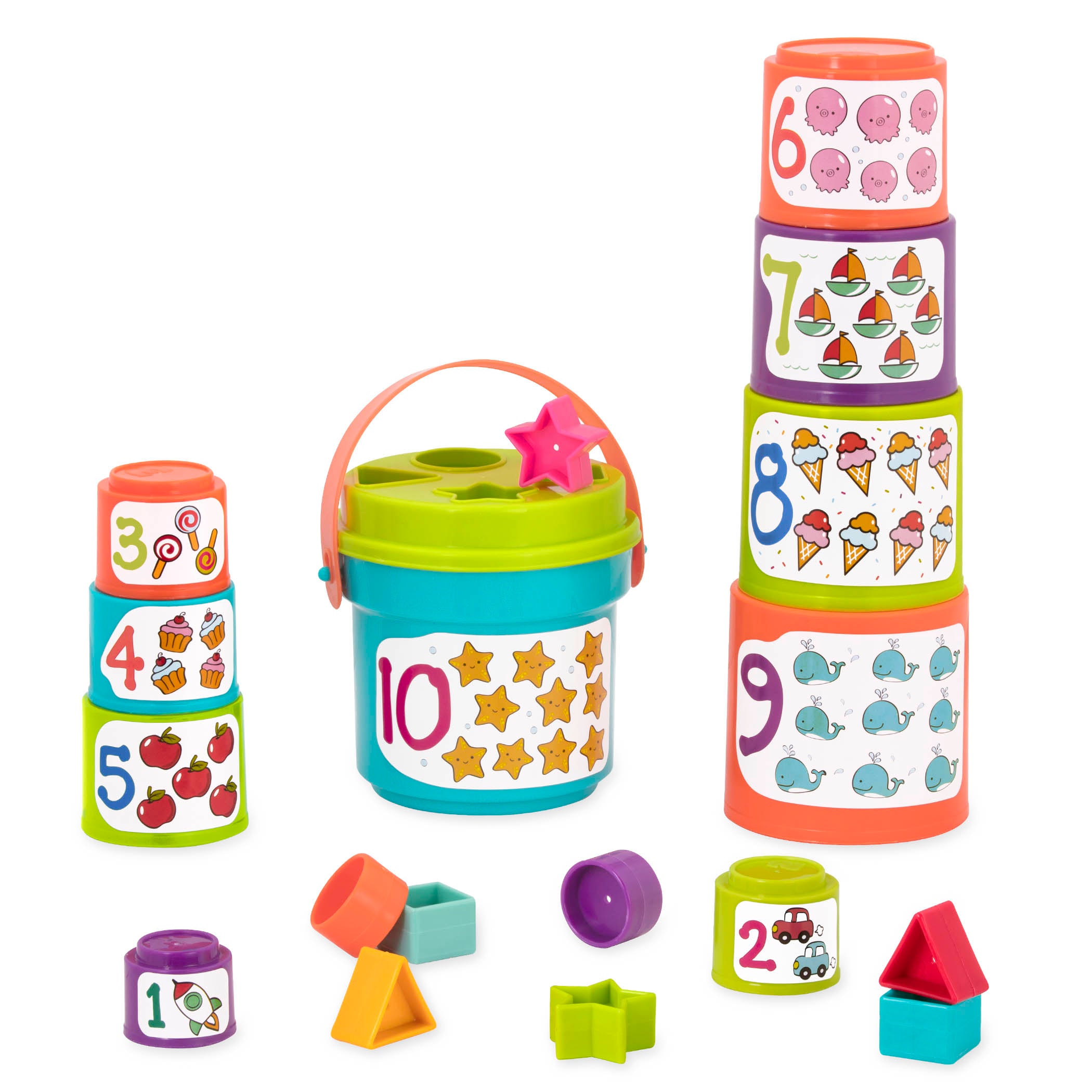 Stacking buckets for toddler with shapes to sort.