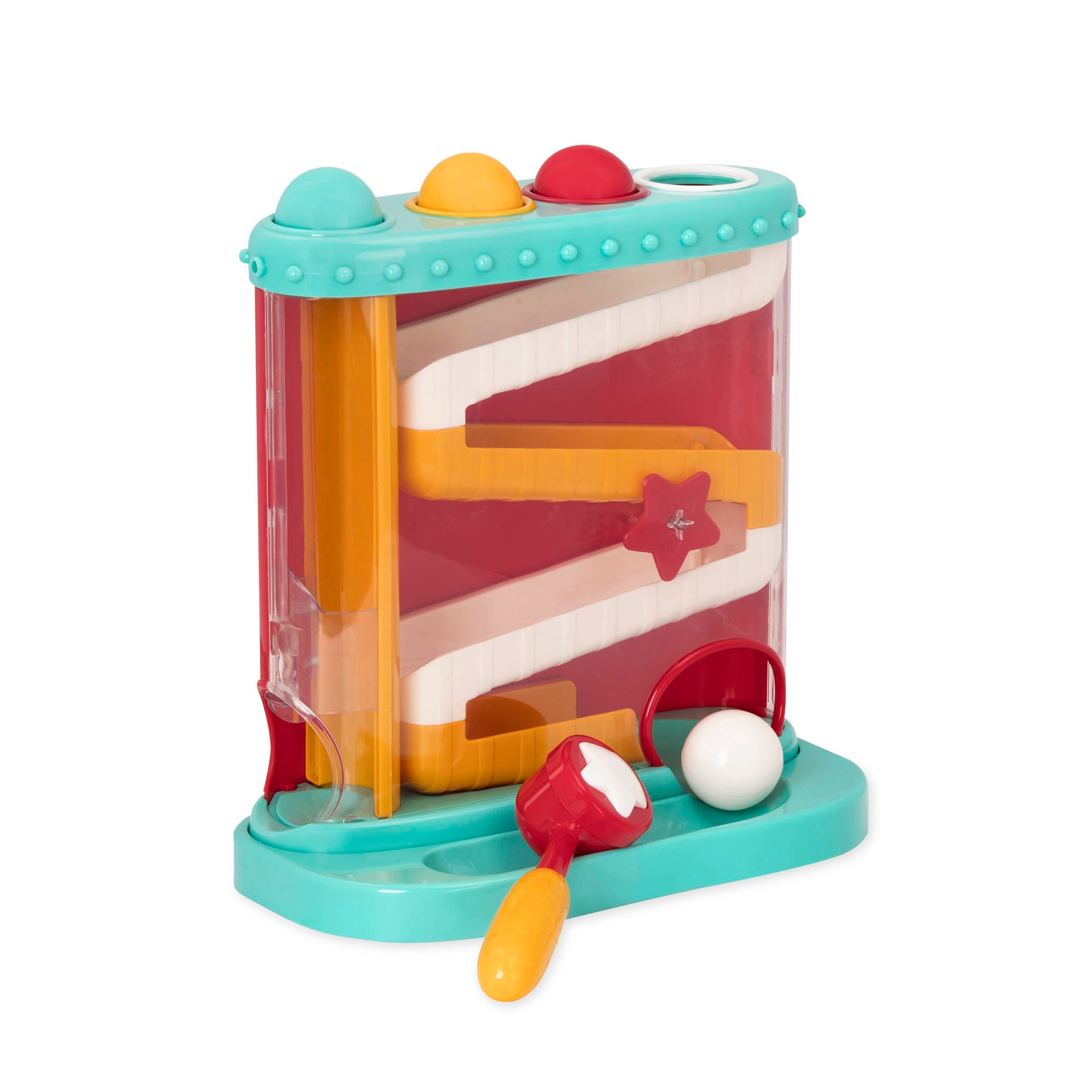 A toy for kids, pound the ball and watch it roll down it's chute.