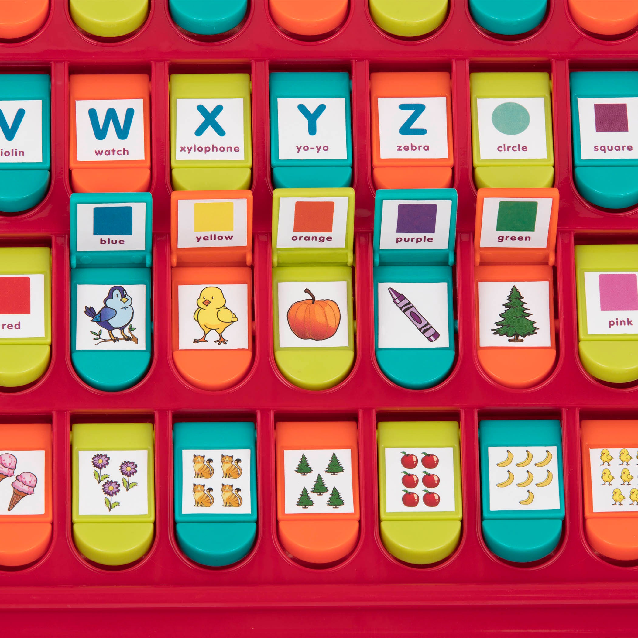 An alphabet learning toy for kids with pop-up flaps.