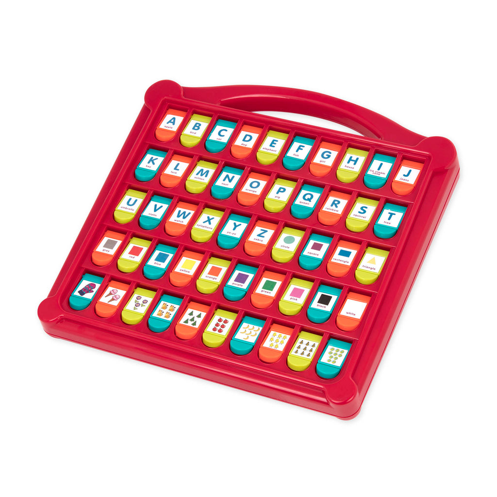 An alphabet learning toy for kids with pop-up flaps.