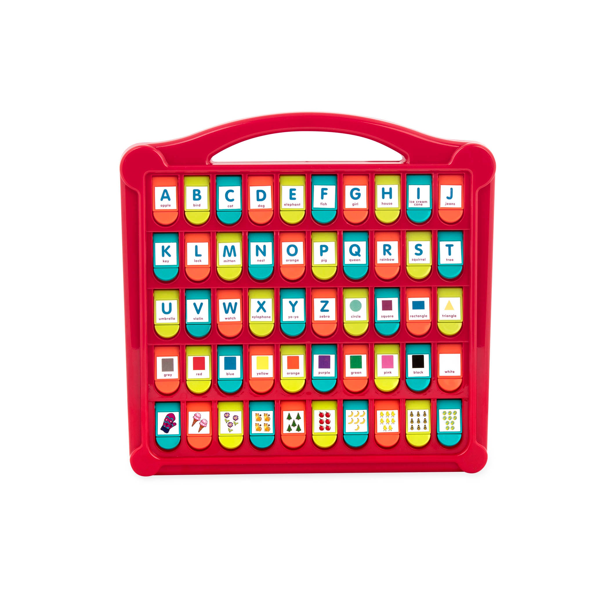 An alphabet learning toy for kids with pop-up flaps.