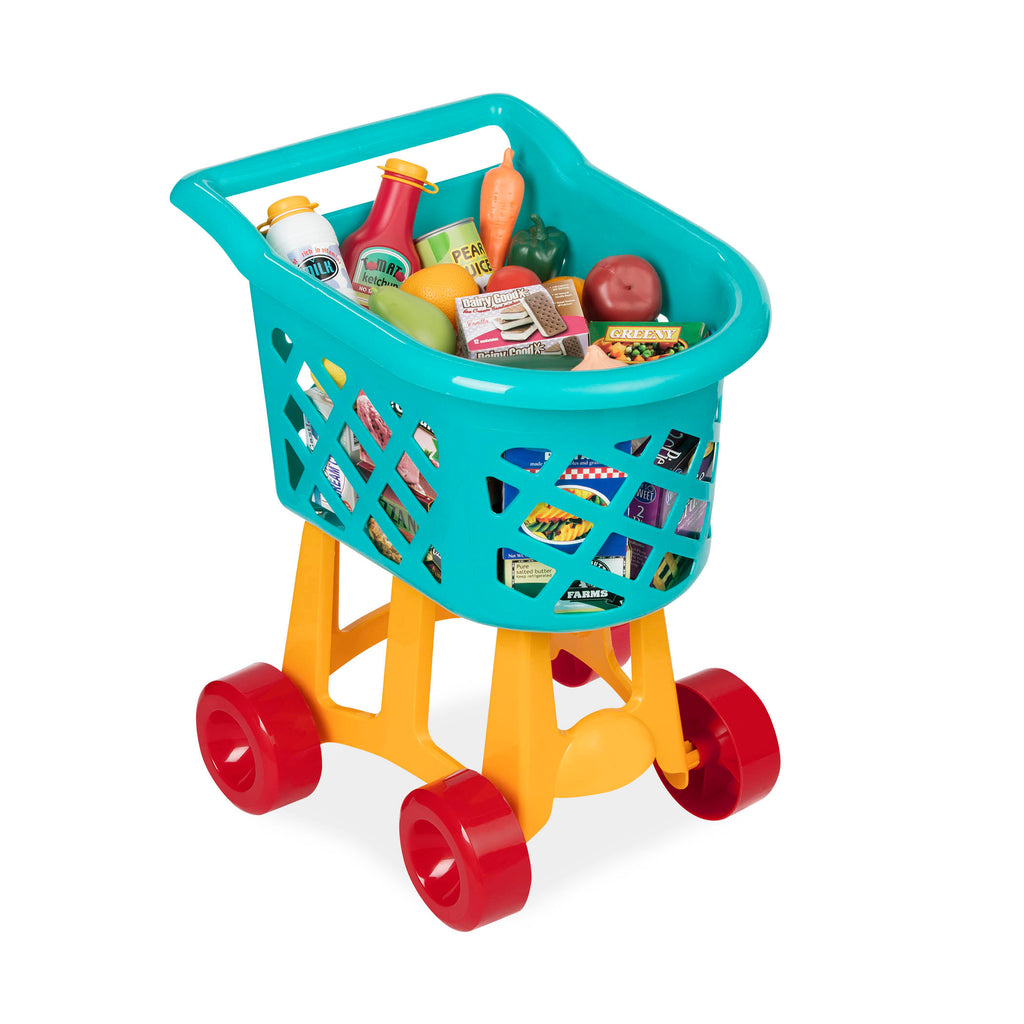 A blue, yellow, and red toy shopping cart complete with play food.