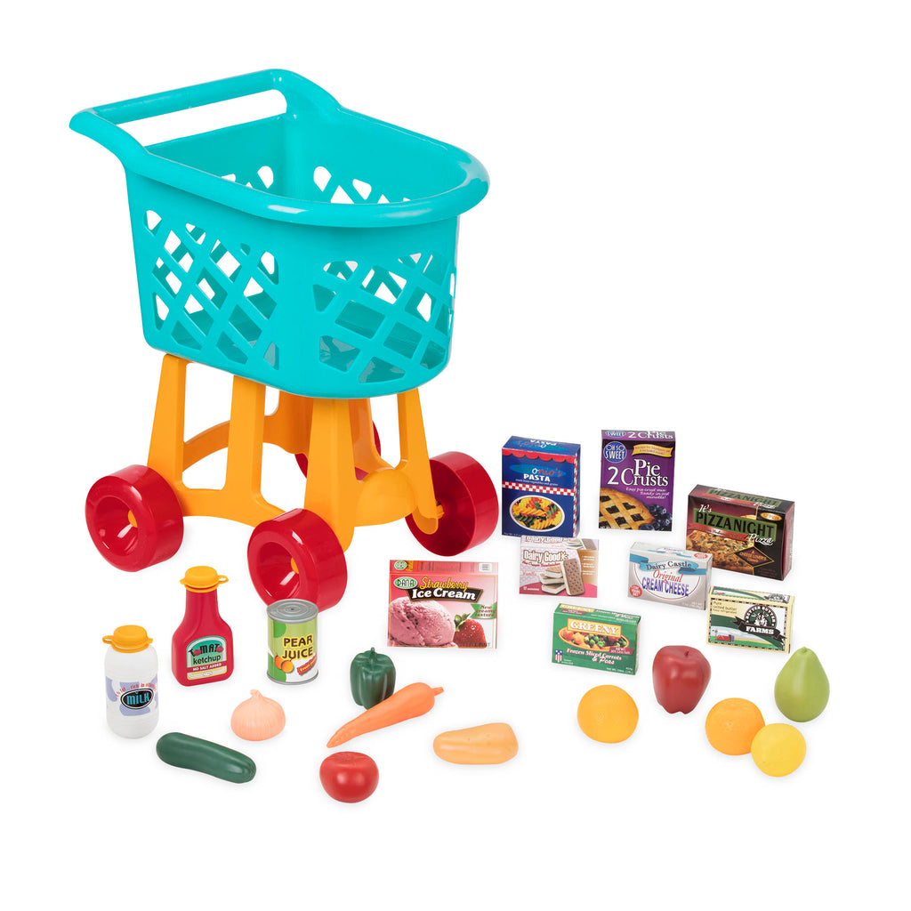 A blue, yellow, and red toy shopping cart complete with play food.