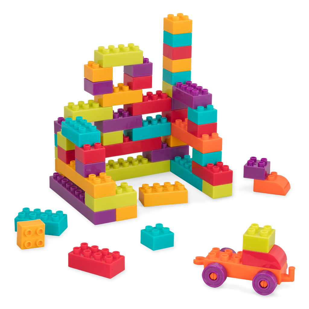 Big building blocks with an orange wagon.