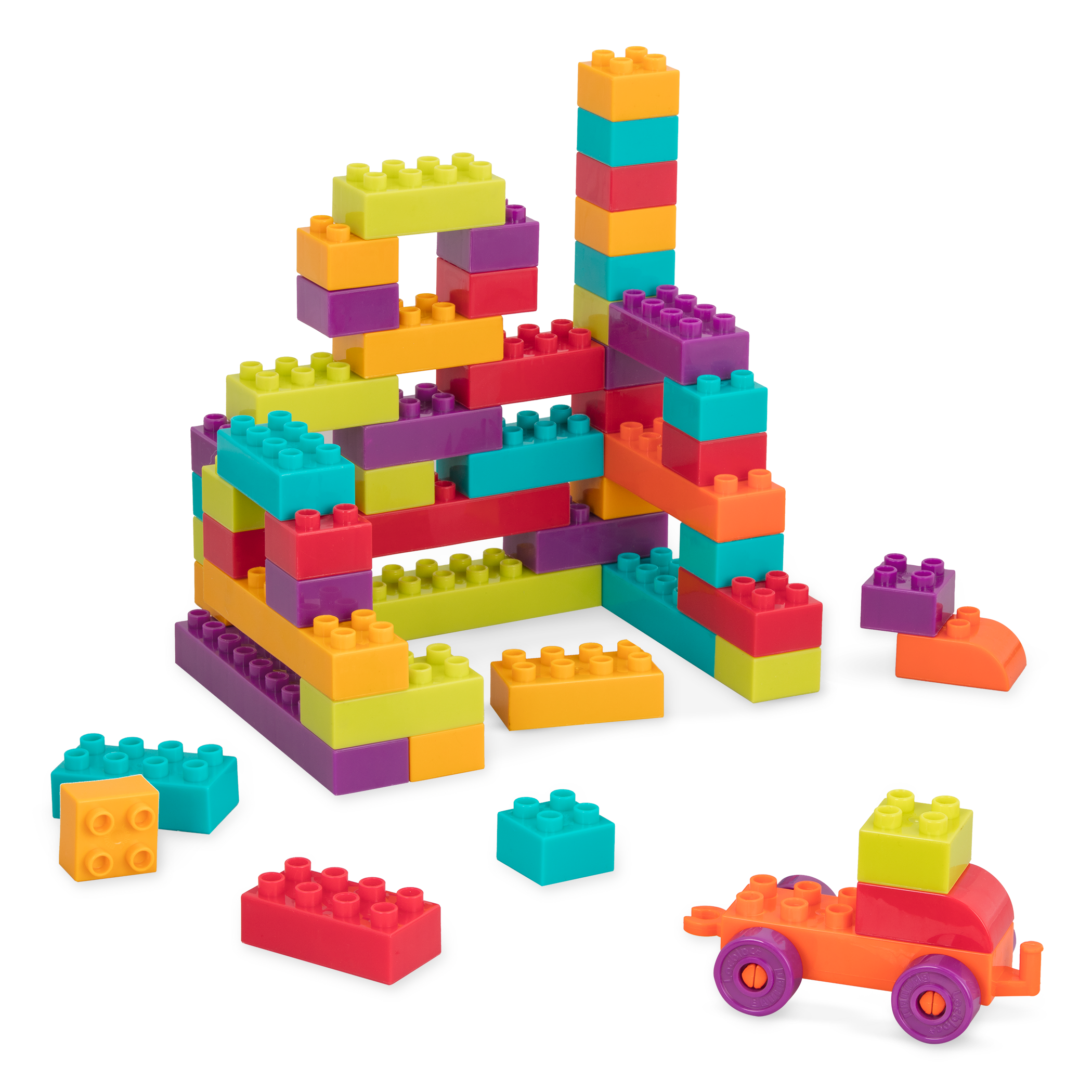 Big building blocks with an orange wagon.