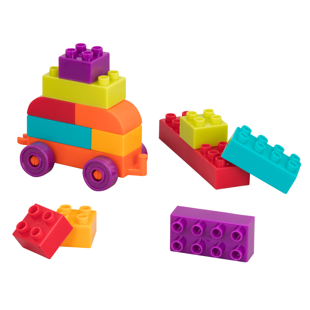 Big building blocks with an orange wagon.