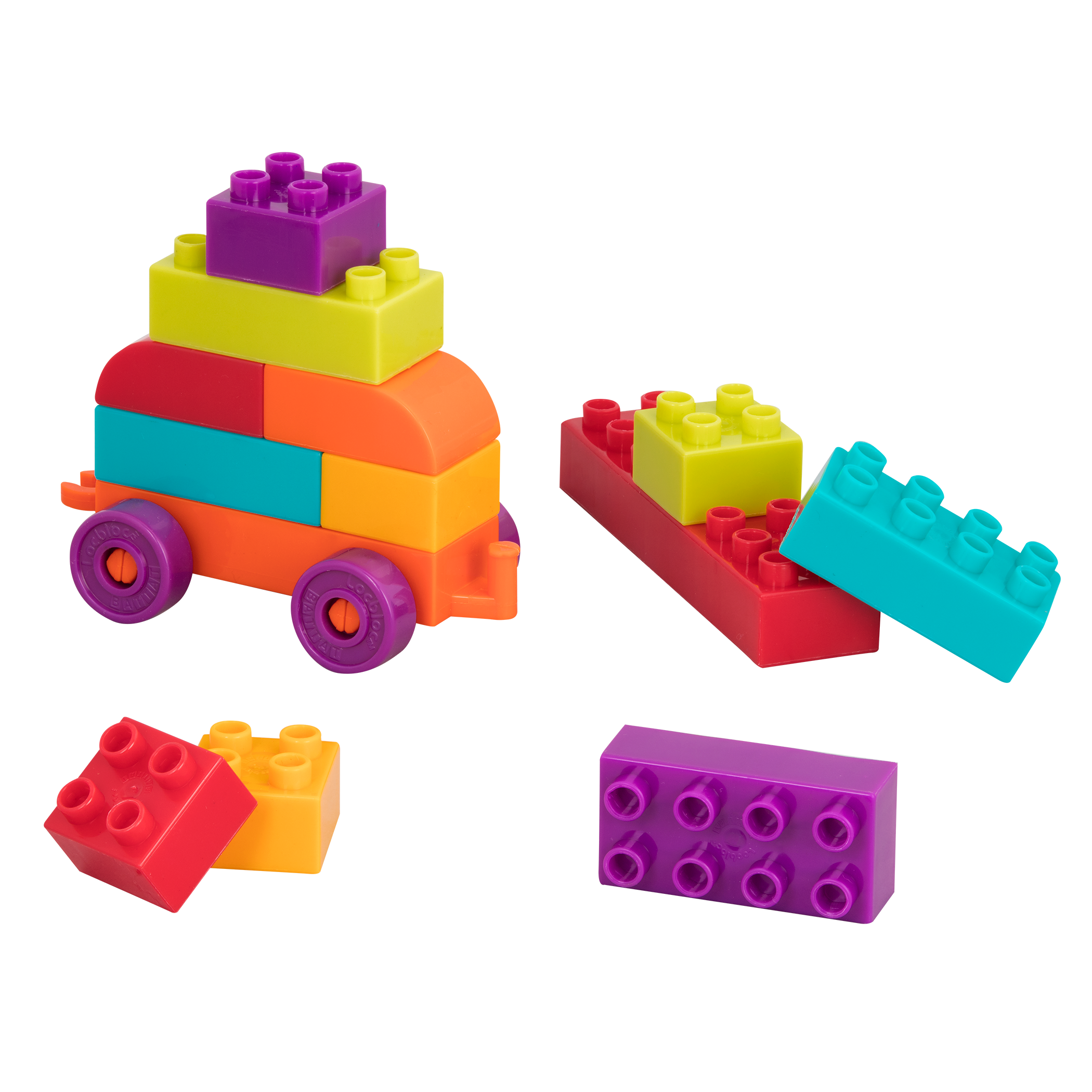 Big building blocks with an orange wagon.